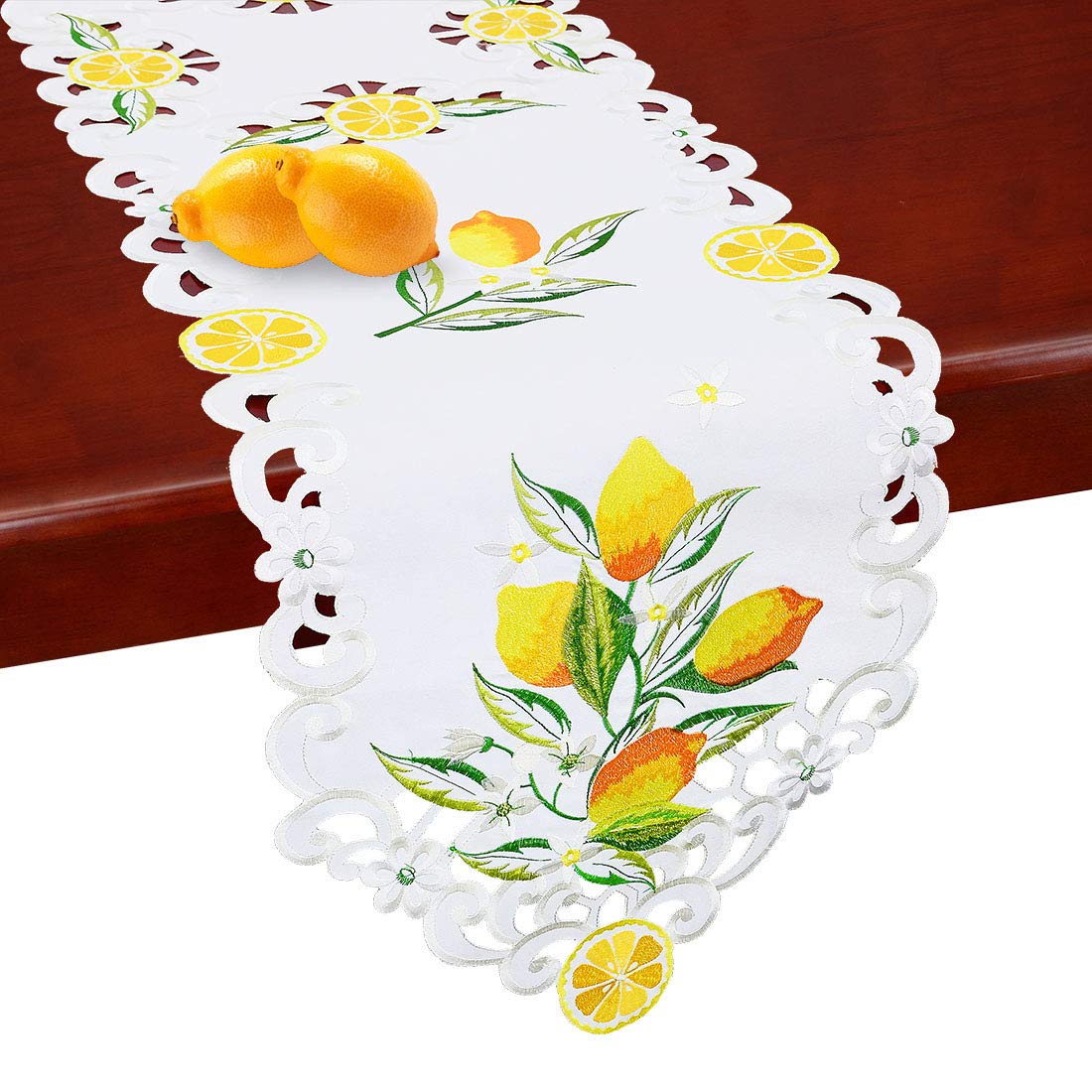 Simhomsen Small Embroidered Lemon Table Runners and Doilies - 14×34 Inch Spring Summer Table Decor - Perfect for Kitchen, Dining Room, and Outdoor Party Decorations