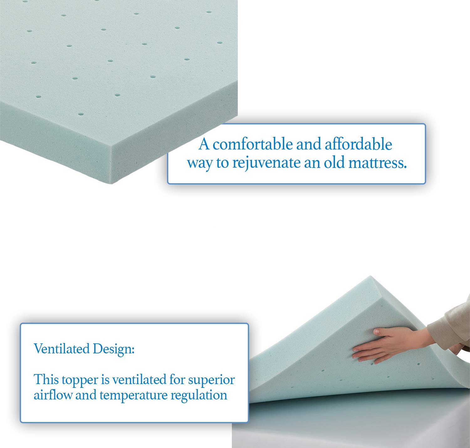 Nestl 2 Inch Gel-Infused Memory Foam Mattress Topper - Queen Size Cooling Mattress Pad with Ventilated Design | Blue | Pressure Relief for Back Pain, Hot Sleepers & Side Sleepers