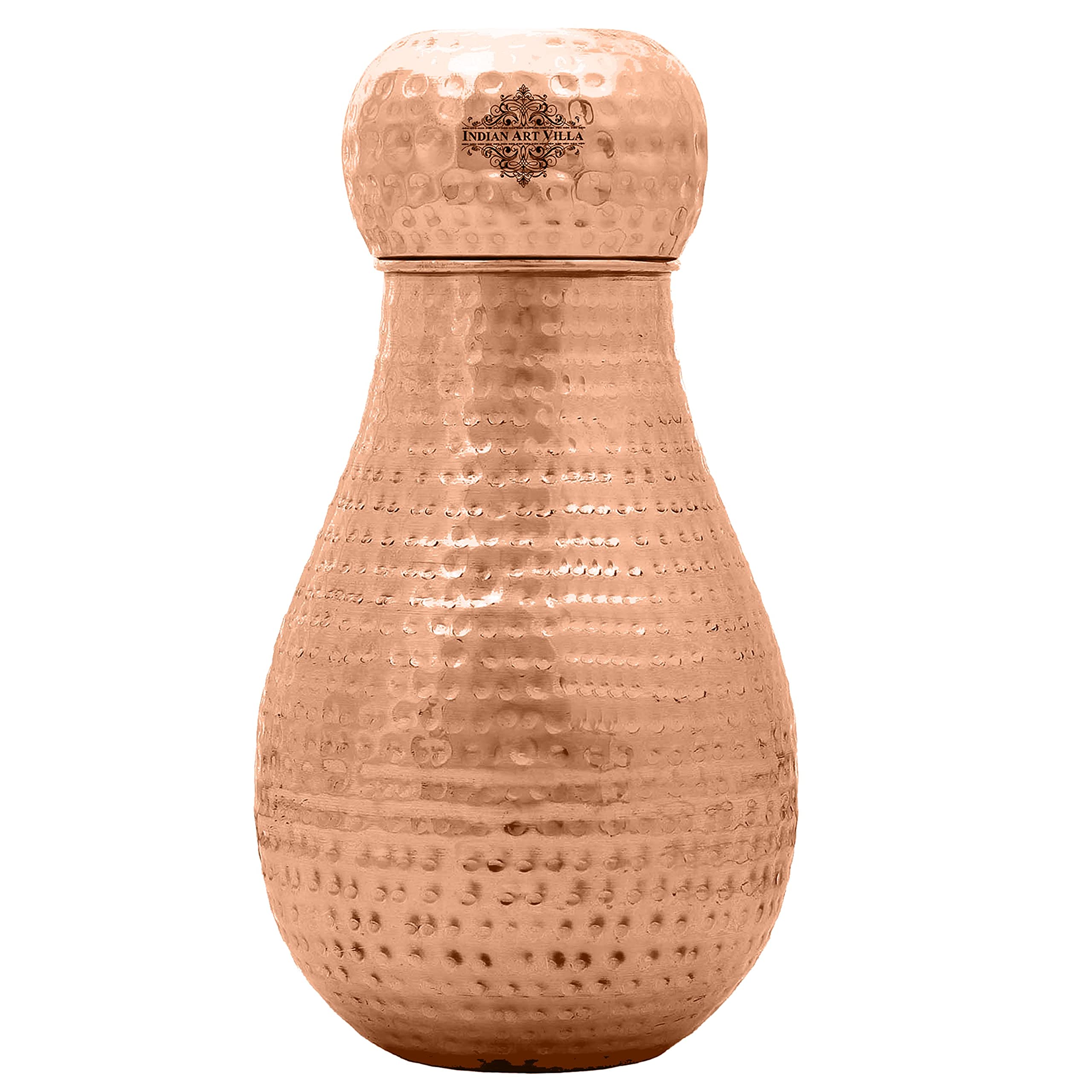 Pure Copper Water Bottle with Inbuilt Glass & Hammered Matka Design - 54 Oz (Pack of 2) | Aesthetic Drinkware for Bedroom, Office & Travel | Ayurvedic Copper Storage Vessel for Healthy Hydration