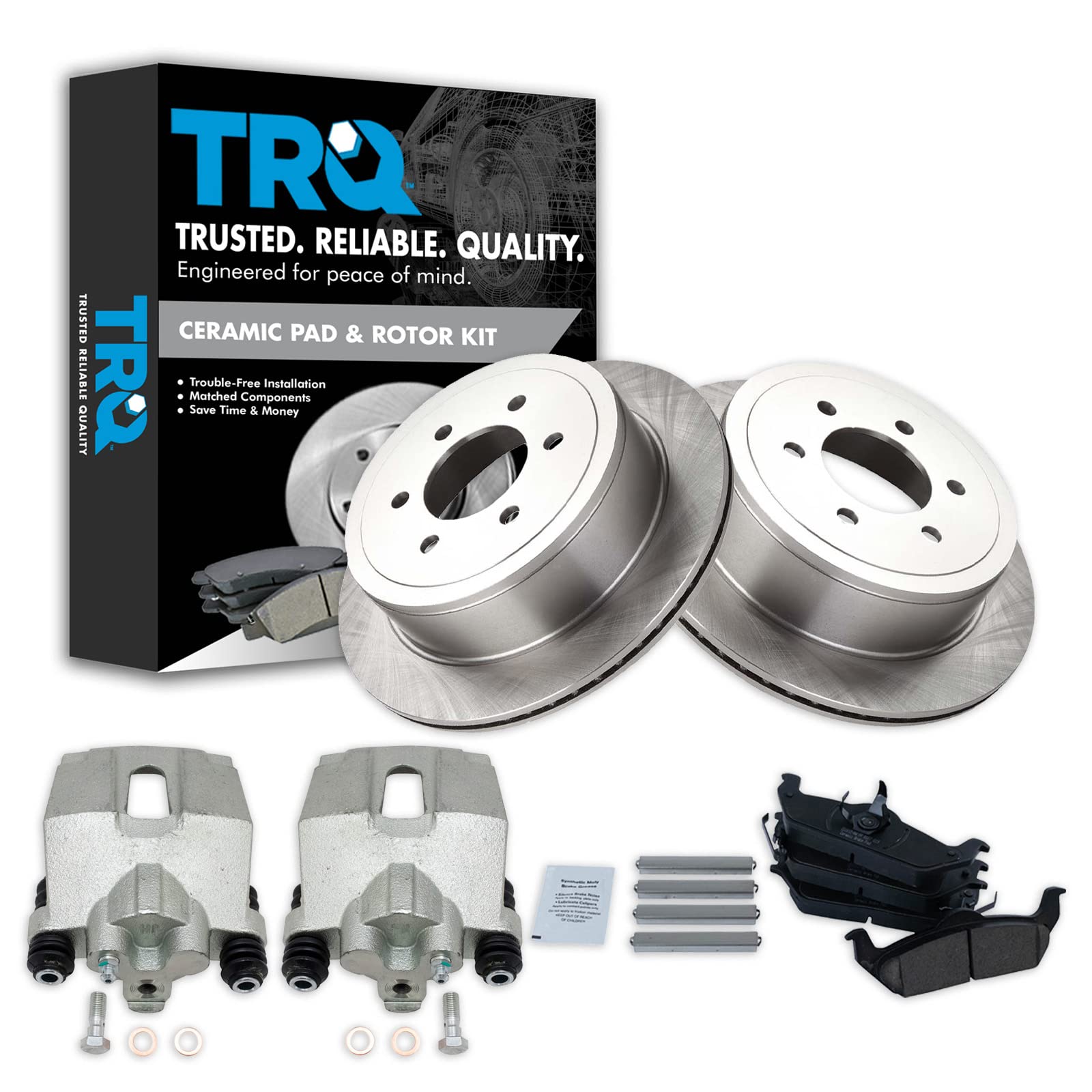 TRQ Rear Brake Pad and Rotor Kit - Ceramic Vented Brake Pads with Caliper - Compatible with 2004-2011 Ford F-150 & 2006-2008 Lincoln Mark LT - Smooth Braking for Highway and Off-Road Driving