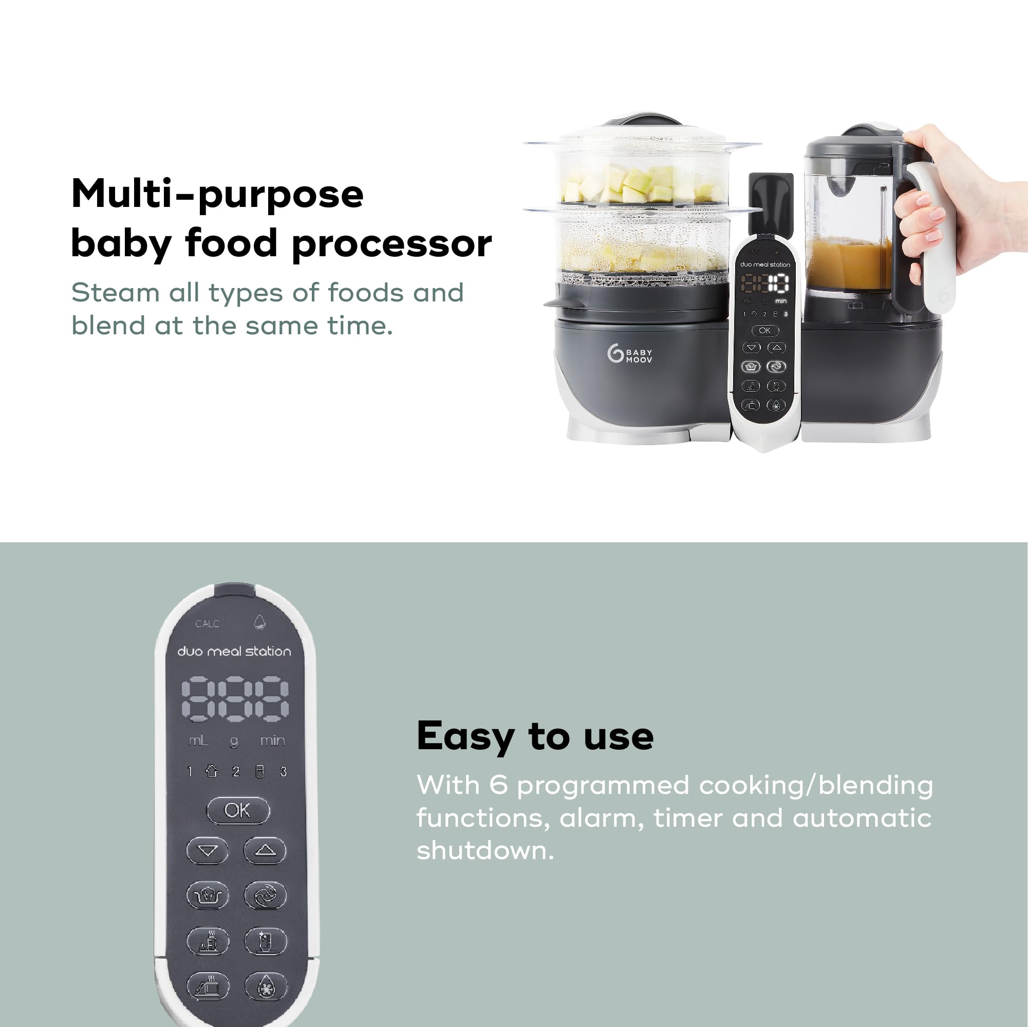 Babymoov Duo Meal Station Grey - 3-in-1 Baby Food Maker with Steamer, Blender & Warmer | Multi-Speed Puree Processor for Infant Nutrition | Defrosts & Heats Meals | Pediatrician & Nutritionist Approved | Perfect for Home Use & Travel Feeding