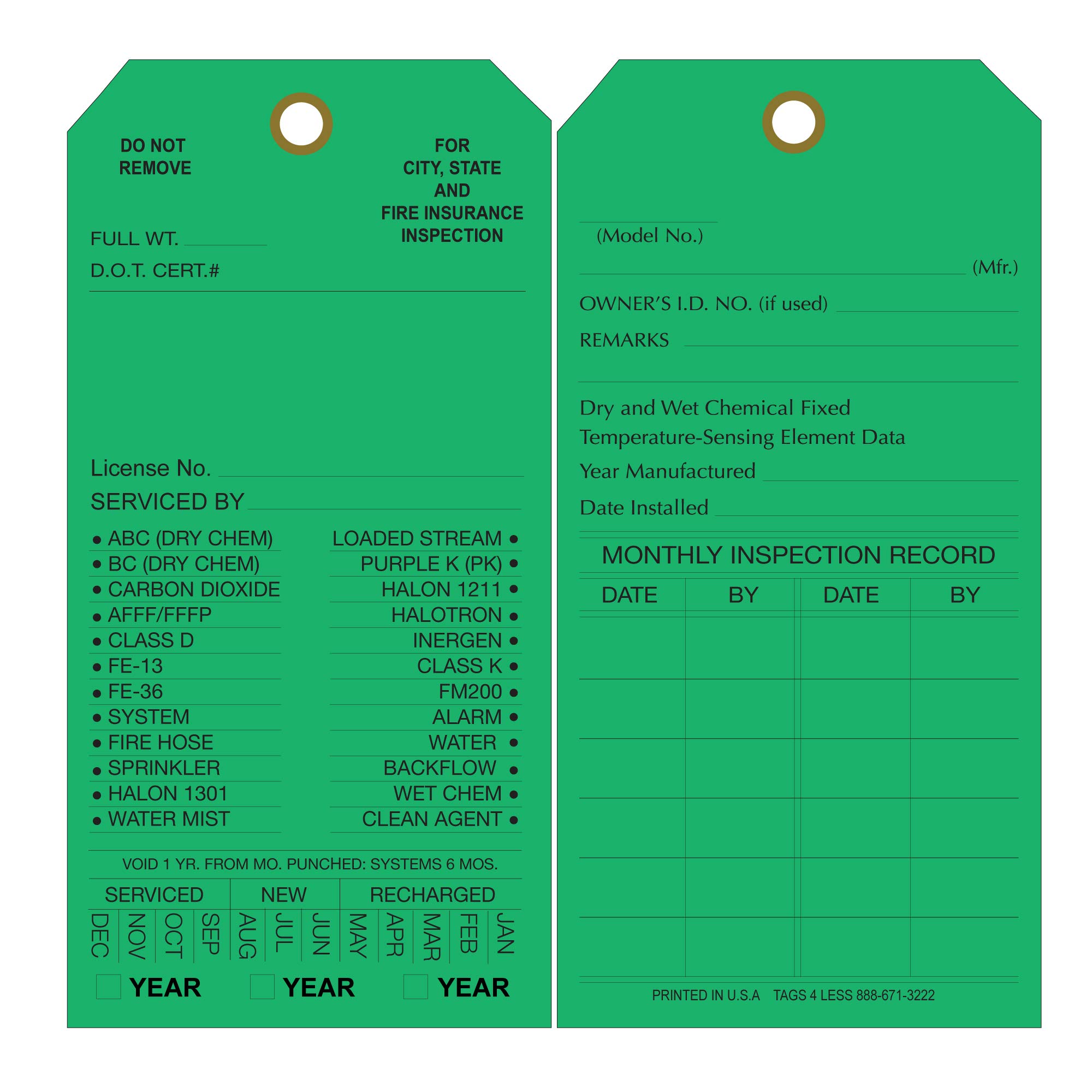 Custom Printed Fire Extinguisher Inspection Tags - 100 Pack Monthly Maintenance Record Labels with Date Check - Durable Vinyl Plastic Safety Stickers (Dark Green) - Perfect for Workplace Safety Compliance & Equipment Maintenance