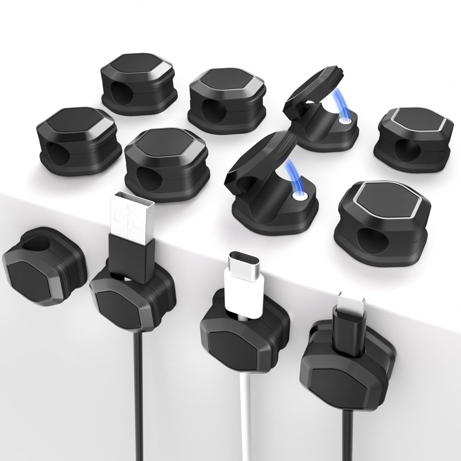 **Magnetic Cable Clips - Self-Adhesive Cord Holder & Organizer - Adjustable Wire Keeper for Desk, Nightstand, Phone Charger, Computer - Home, Office, Car Use (Black, 12 Pack) - Perfect for Tidy Workspaces & Cable Management**