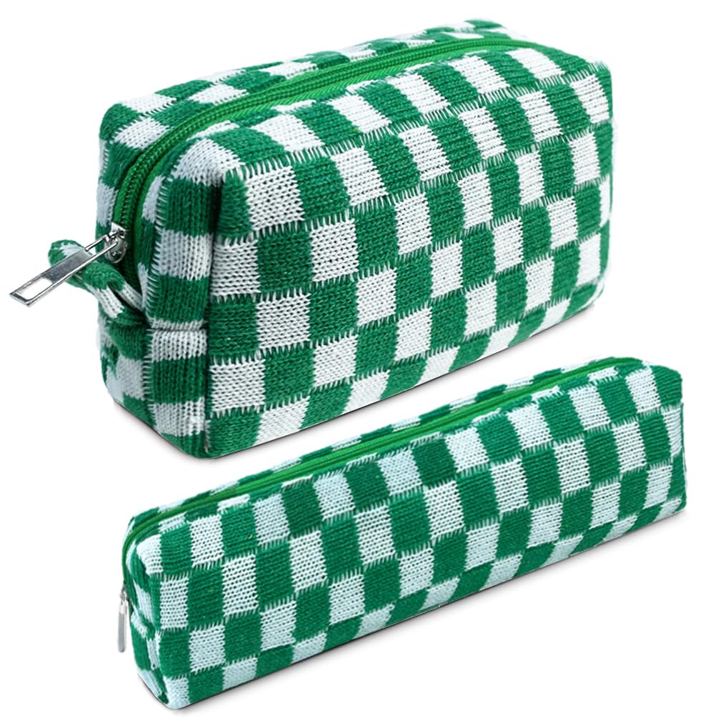 2 Pcs Small Makeup Bag Set - Checkered Cosmetic Pouch & Brush Organizer | Mini Travel Makeup Case for Purse | Cute Aesthetic Accessories Storage | Perfect for Women's Travel Essentials & Daily Beauty Organization