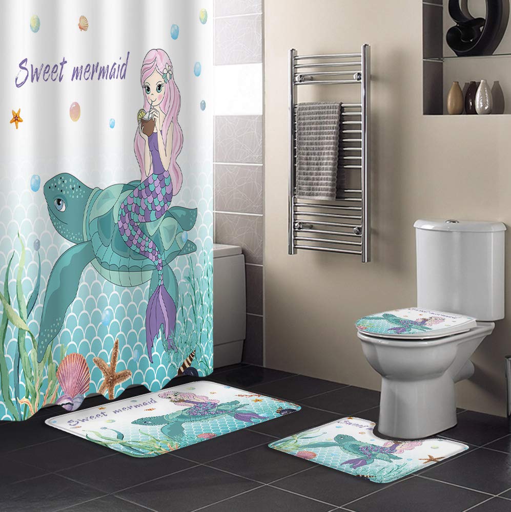 Prime Leader 4-Piece Bathroom Set - Waterproof 72x72 Inch Mermaid & Turtle Shower Curtain, Non-Slip Bath Mat, U-Shape Mat & Toilet Lid Cover - Coastal Themed Decor for Beach House, Kids Bathroom or Summer Home Decor