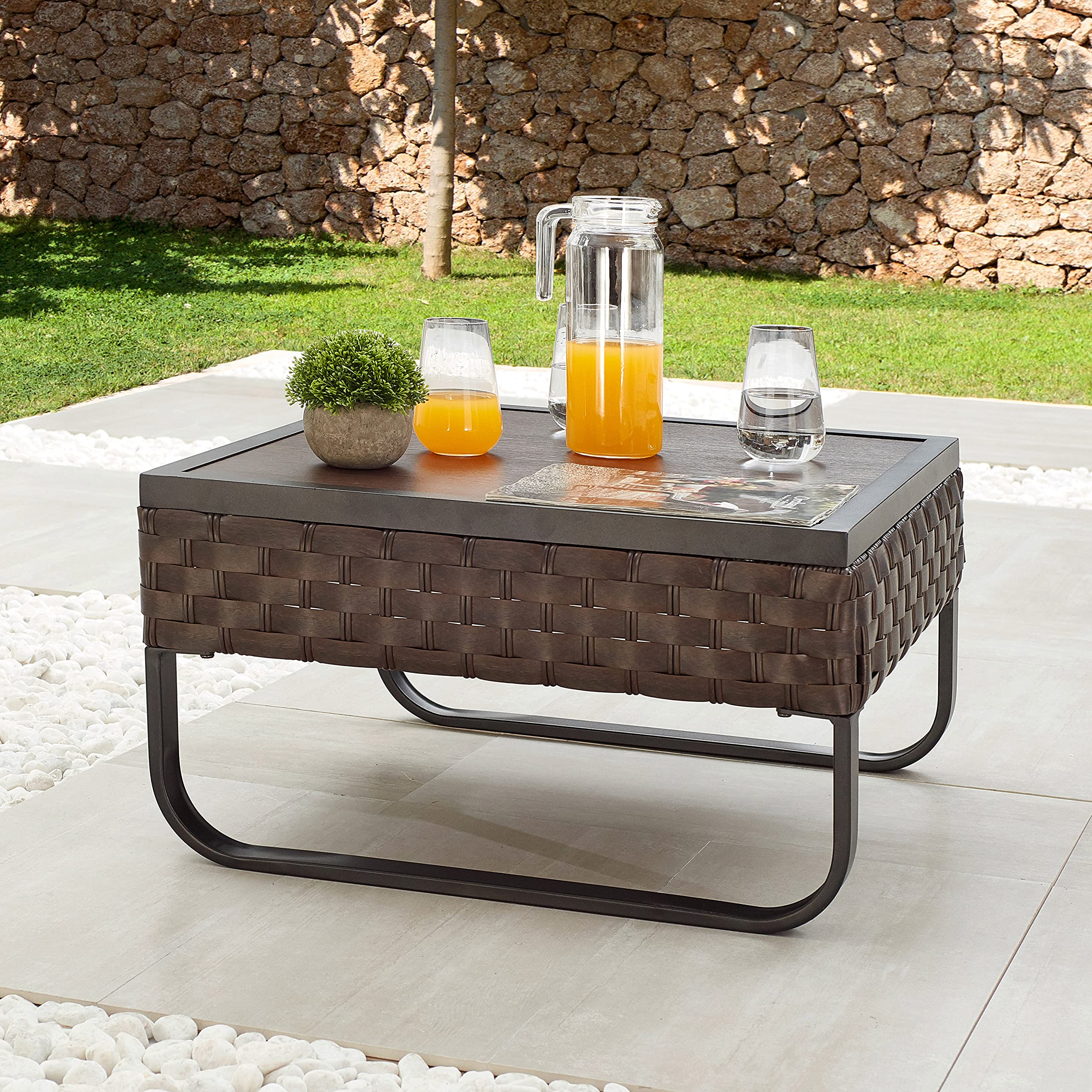 LOKATSE HOME Outdoor Square Bistro Table - Rattan Wicker Coffee Side Table with Metal Frame & Wood Grain Top - Brown - Perfect for Patio, Garden, Balcony Dining & Relaxing