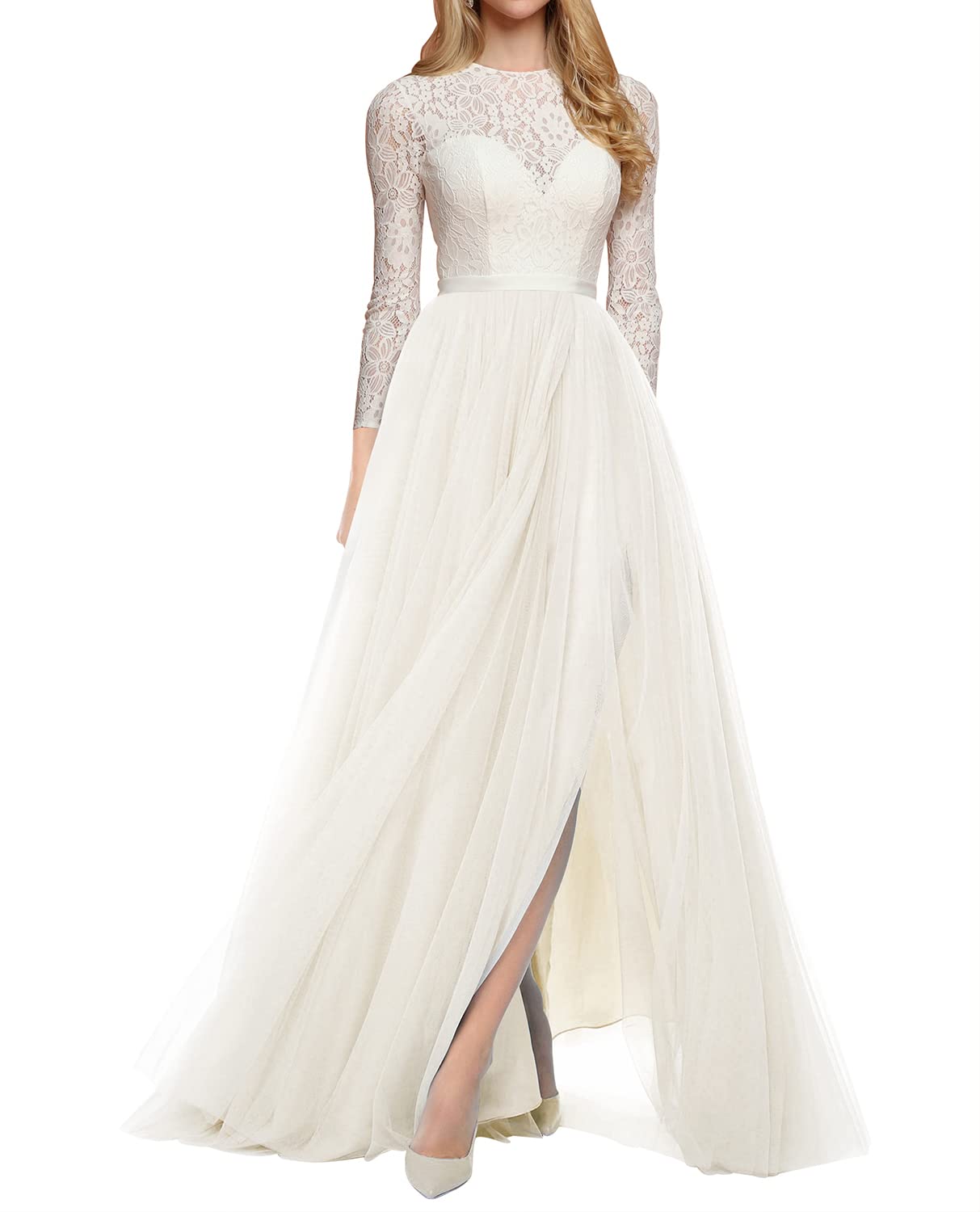 Elegant Boho Lace Wedding Dress with Long Sleeves & Thigh Slit - Romantic Tulle Bridal Gown for Outdoor & Beach Weddings