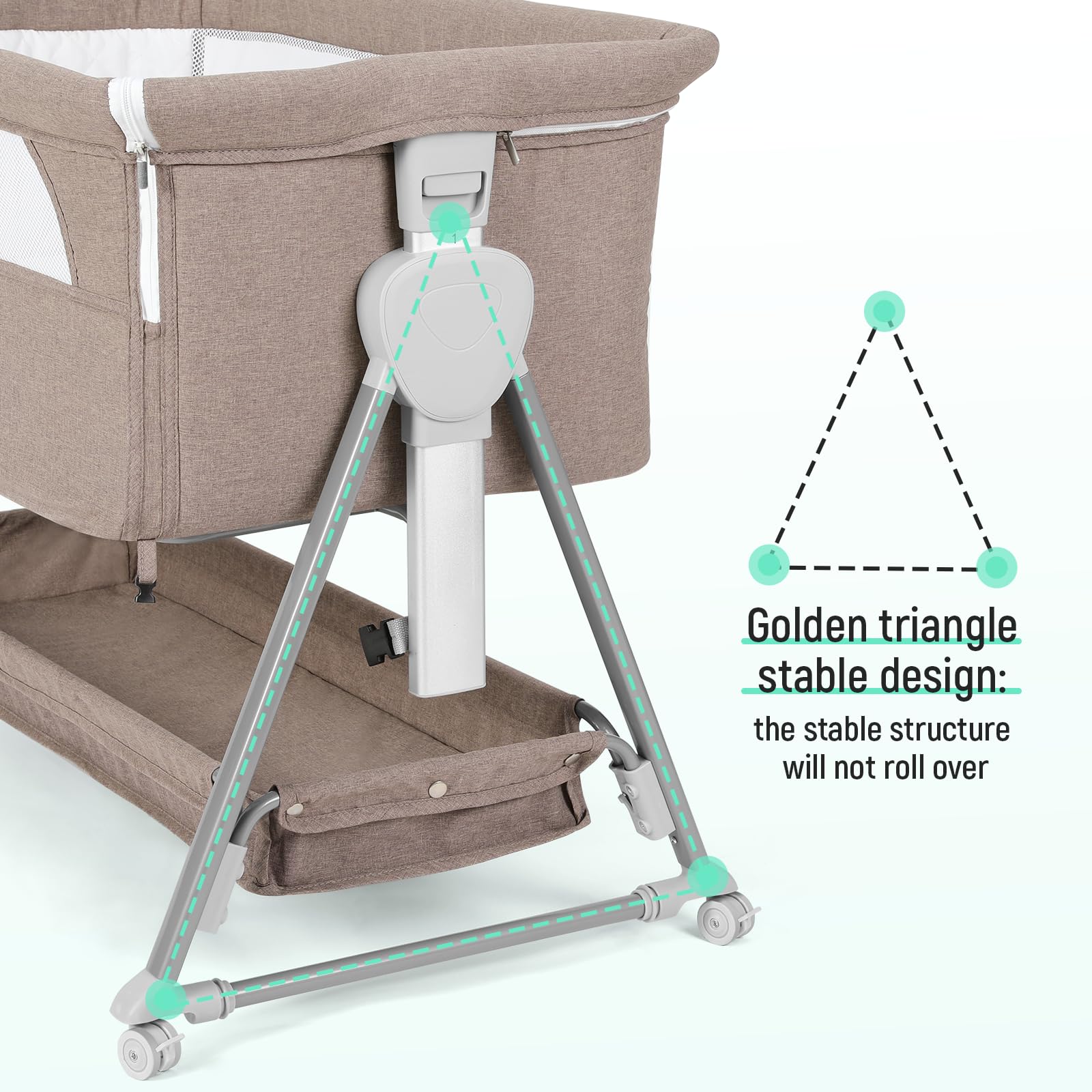 Cowiewie Portable Baby Bassinet - Light Brown Folding Bedside Sleeper with Storage Basket & Wheels for Newborns | Nursery, Bedroom & Travel Use | Reduce Mom's Fatigue