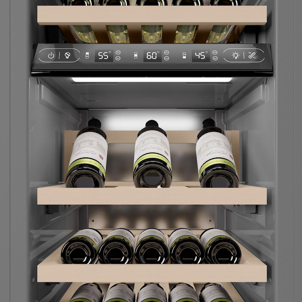 ZLINE Autograph Edition 18 Inch 9.0 Cubic Feet Triple Zone 68 Bottle Left Hinge Column Wine Cooler - Black Stainless Steel with Polished Gold Accents (RCWVLZ BS 18 G) - Perfect for Home Bars, Wine Cellars, and Entertaining Spaces