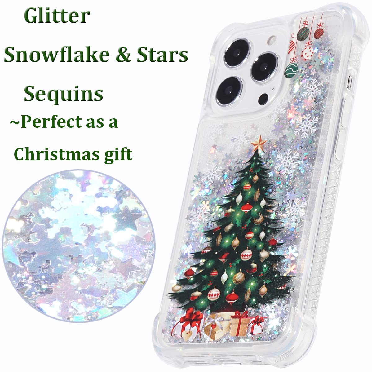 Christmas Tree Glitter Phone Case for iPhone 13 Pro Max - Clear Soft TPU Rubber Bumper, Holiday Cute Girly Women's Protective Cover | Perfect for Christmas Parties, Gift Giving & Festive Celebrations