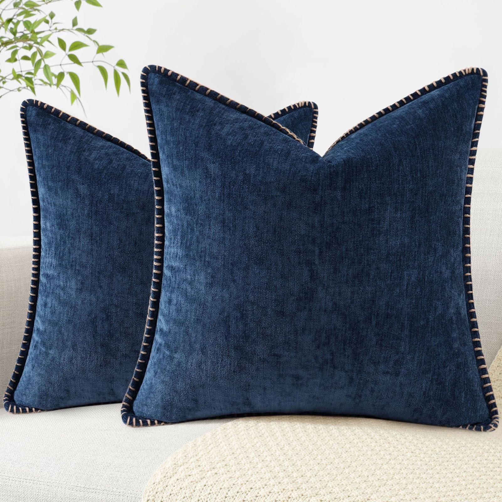 Chenille Soft Throw Pillow Covers 16x16 Set of 2 - Farmhouse Velvet Decorative Couch Pillows with Stitched Edge for Sofa, Bed & Home Decor | Cozy Living Room, Bedroom & Dorm Essentials | Poseidon Design