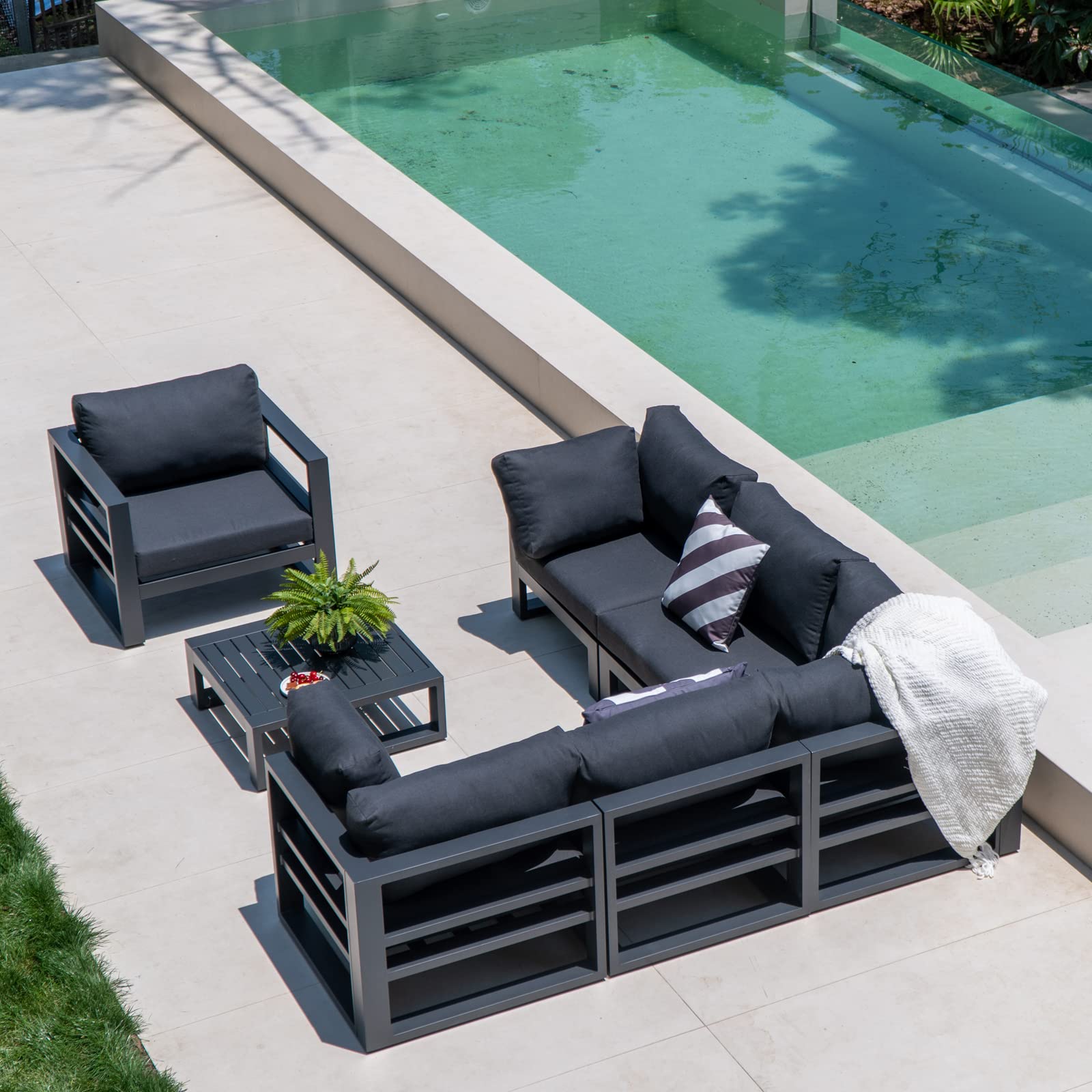 5-Piece Outdoor Patio Furniture Set - All-Weather Aluminum Sectional Sofa with Dark Grey Cushions - Perfect for Backyard, Garden, Poolside & Deck Relaxation