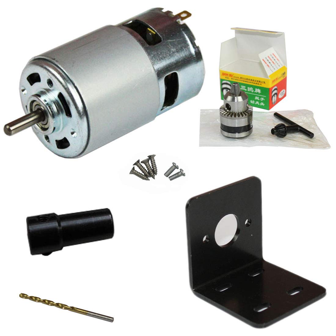 High Torque 775 DC Motor Kit 12V-24V 6000-12000 RPM with Ball Bearing - Includes Motor Bracket, Drill Chuck, Bushing & 4mm Drill Bit - Perfect for DIY Power Tools, CNC Machines, and Robotics Projects