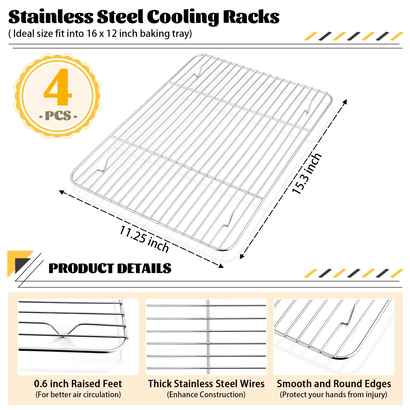 P&P CHEF 4-Piece Stainless Steel Baking Cooling Rack Set - 15.3 Inch Oven-Safe Wire Racks for Cooking, Roasting & Cooling - Dishwasher Safe & Healthy for Baking Cookies, Cakes & Breads - Perfect for Home Bakers & Professional Kitchens