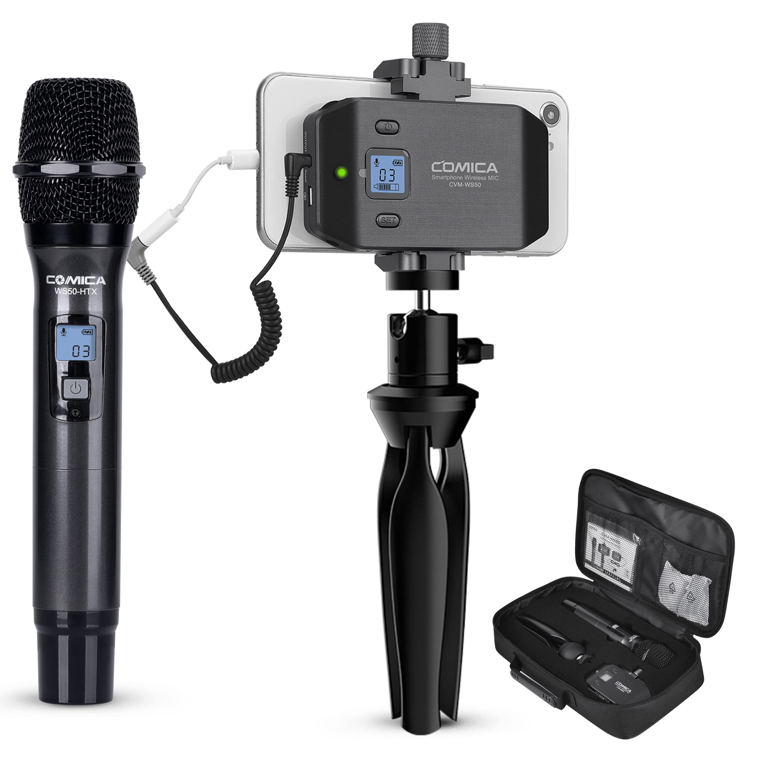 Comica CVM-WS50(H) Wireless Microphone System - 6 Channel Handheld Interview Mic with Flexible Grip for Smartphones & Cameras | Ideal for YouTube Videos, Interviews, Video Conferences, Podcasting & Live Streaming