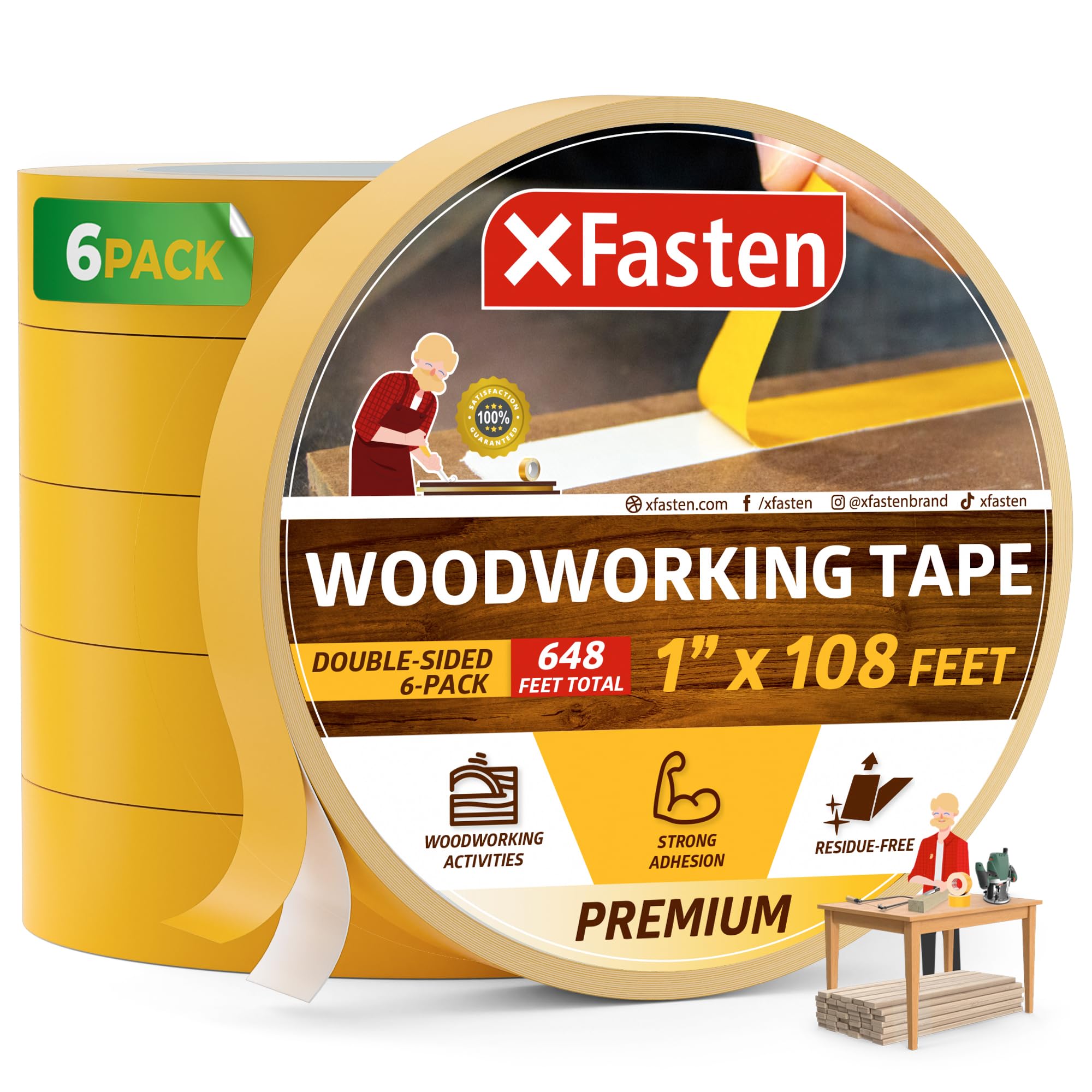 XFasten 1-Inch x 36-Yards Double Sided Woodworking Tape - 6 Pack Strong Adhesive Sticky Tape for Wood, Scroll Saw, Masking & Craft Projects - Perfect for DIY Furniture, Home Decor and Woodworking Projects
