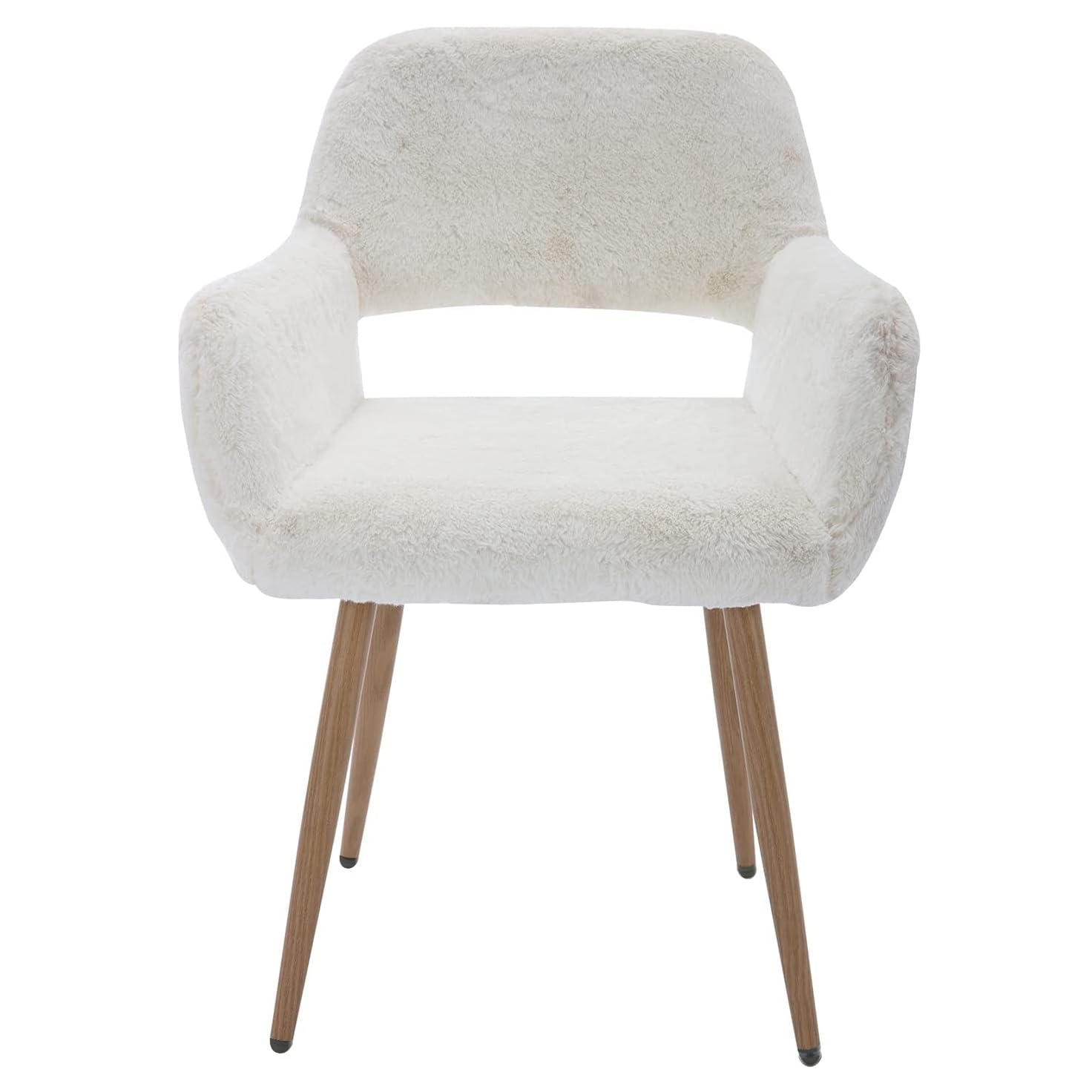 Luxury White Faux Fur Office Chair with Wood Finish Metal Legs - Soft Fluffy Vanity Chair for Girls & Teens - Perfect for Home Office, Makeup Desk, Dining Room & Study Area