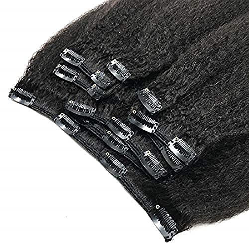 Kinky Straight Clip-in Hair Extensions - 100% Brazilian Remy Human Hair, 28 Inch 100g, Darkest Brown - Coarse Italian Yaki Texture for Black Women - Full Head Weave for Natural Look | Perfect for Parties, Weddings & Daily Styling