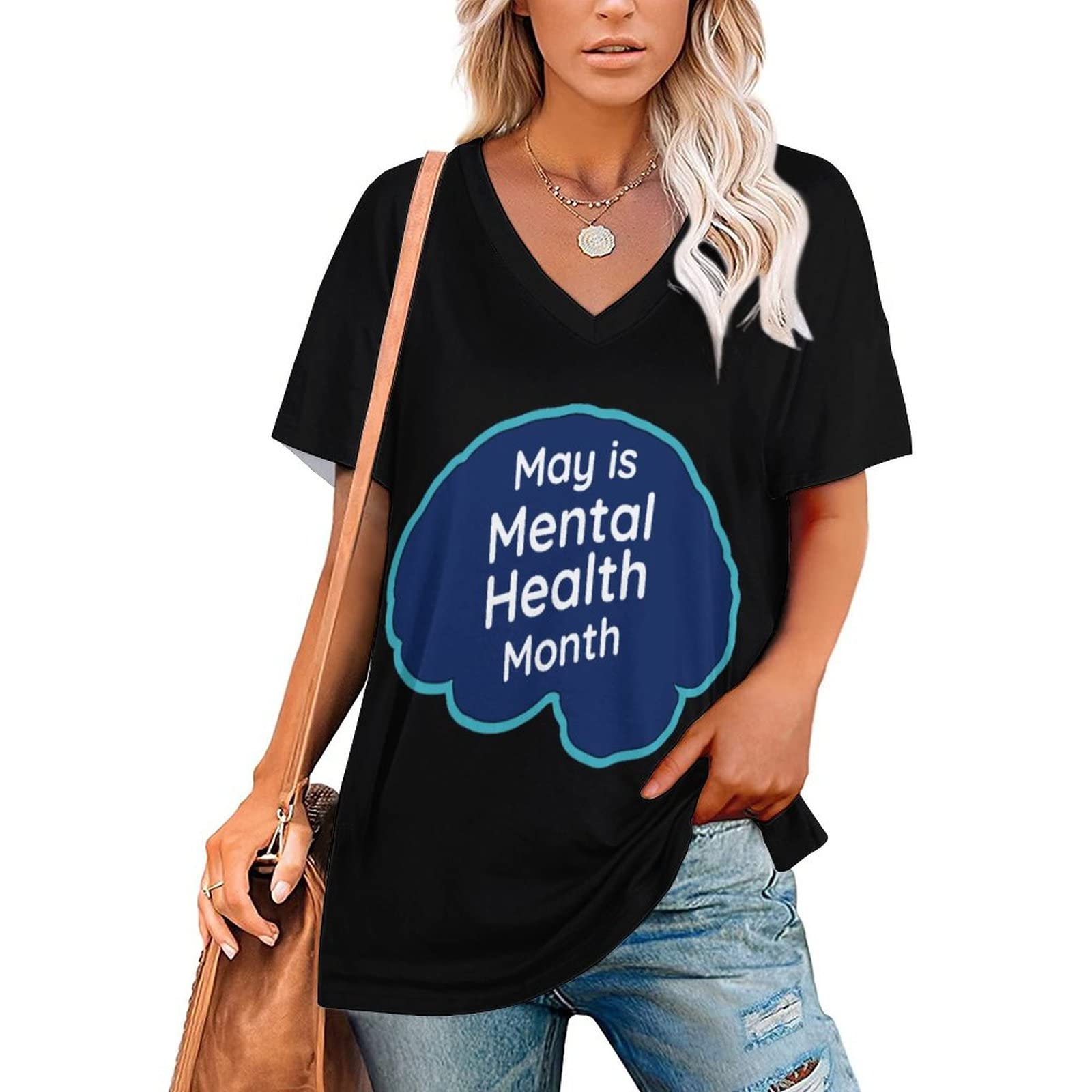May Mental Health Awareness Women's V-Neck T-Shirt - Comfortable Casual Short Sleeve Blouse for Everyday Wear | Perfect for Therapy Sessions, Support Groups & Self-Care Days