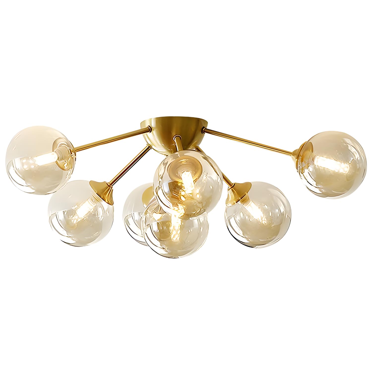 KCO Lighting 7-Lights Mid Century Modern Flush Mount Ceiling Fixture - Amber Glass Globe Sputnik Chandelier in Brass Gold - Perfect for Bedroom & Living Room Lighting | Vintage Home Decor & Dining Room Ambiance