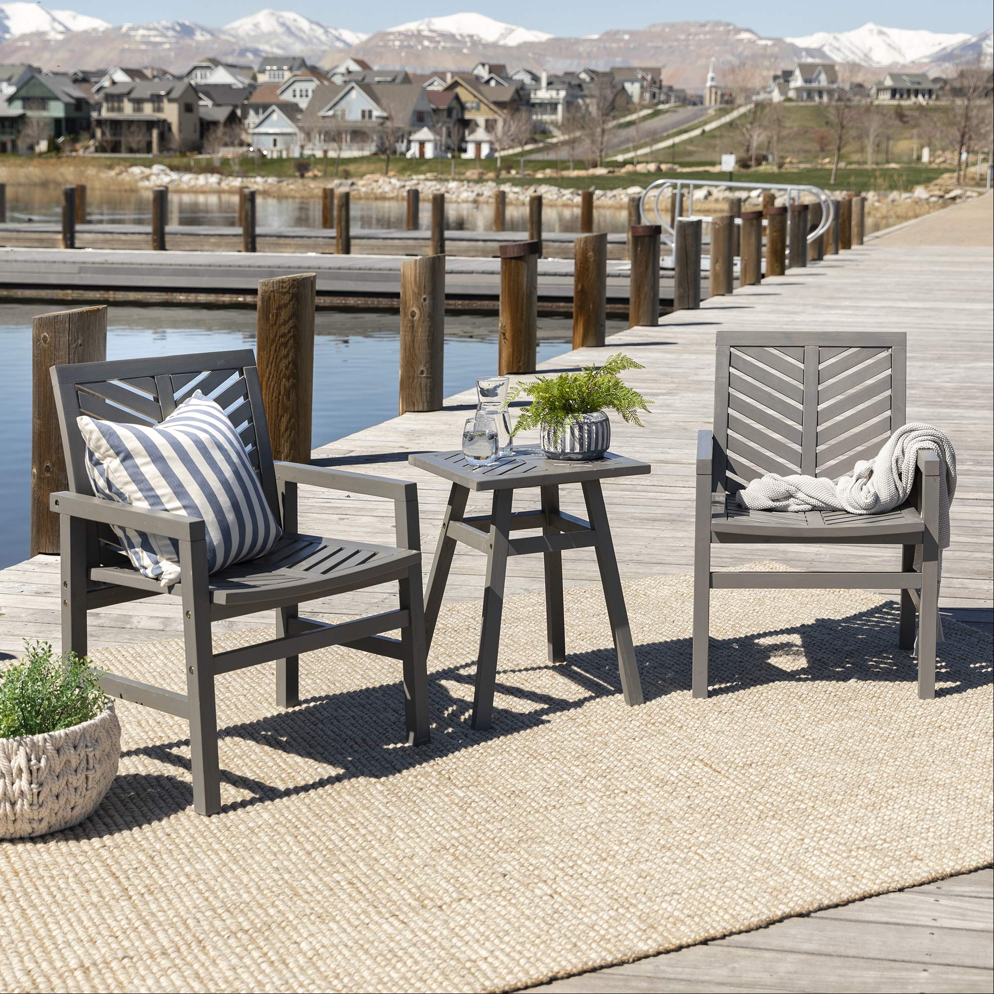 Walker Edison 3-Piece Outdoor Wood Chevron Patio Furniture Set - All-Weather Grey Chairs & Side Table for Backyard, Garden, Poolside, Balcony | Perfect for Relaxing, Entertaining & Outdoor Conversations