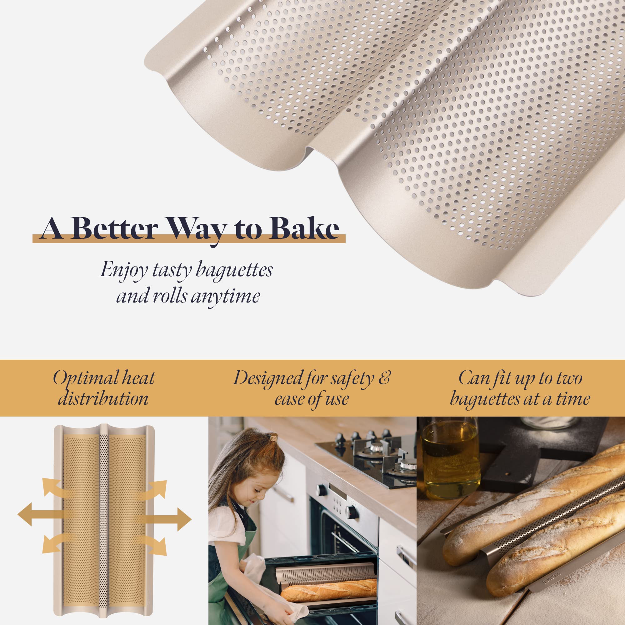 Non-Stick Baguette Baking Pan - French Bread Loaf Tray for 2 Perfectly Baked Baguettes - Perforated Champagne Baguette Bake Pan for Home & Professional Baking - Ideal for French Bread, Artisan Loaves & Pastries