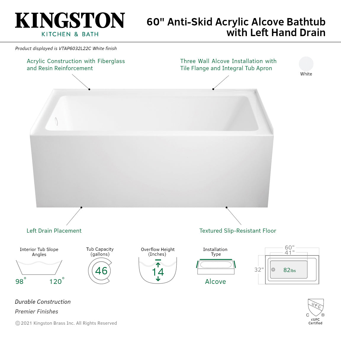 Aqua Eden VTAP6032L22C 60 Inch Acrylic Rectangular 3-Wall Alcove Bathtub with Anti-Skid Surface, Left Hand Drain, Glossy White - Perfect for Modern Bathrooms, Spa-Like Relaxation, and Family Homes