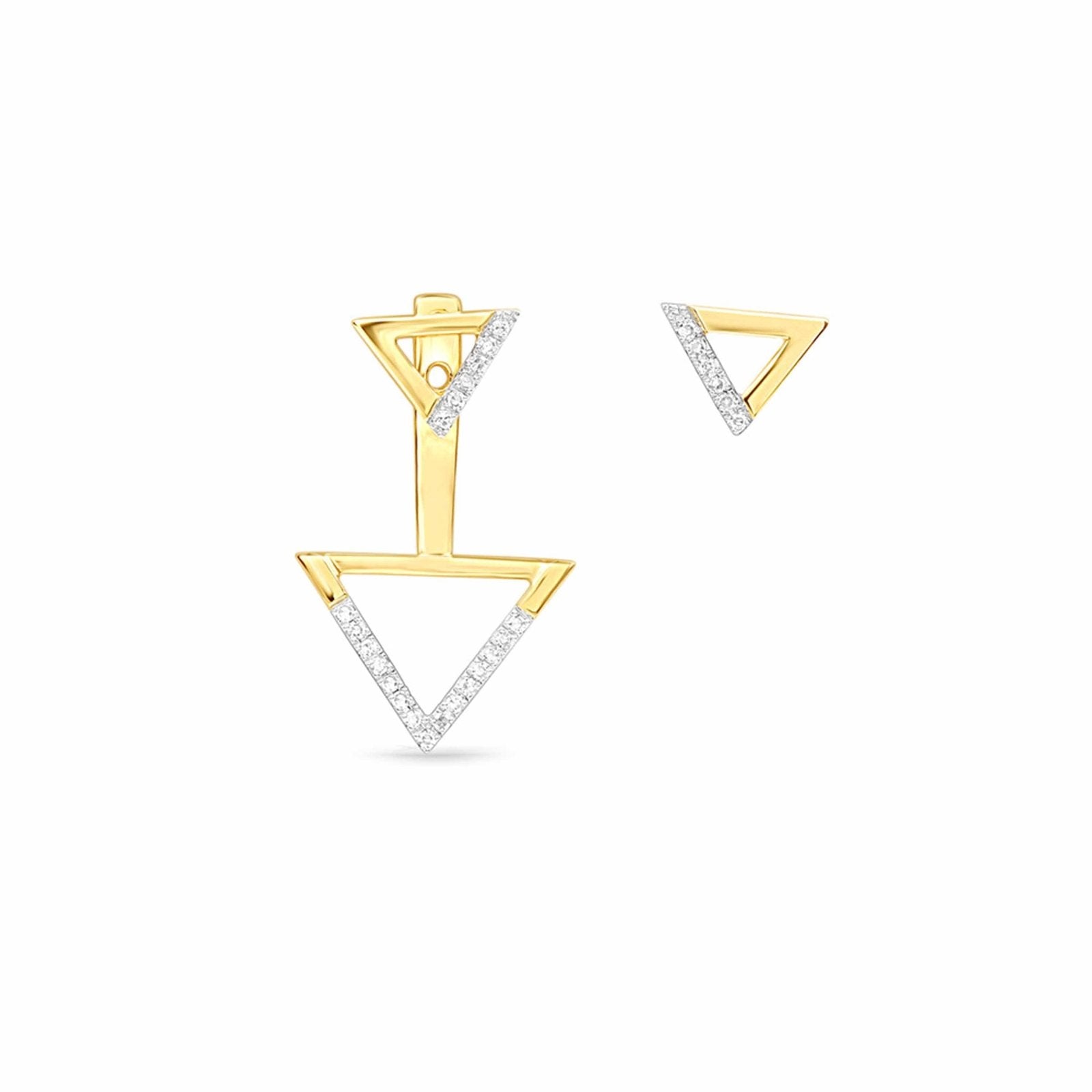 14k Yellow Gold Double Diamond Triangle Ear Jackets & Studs – Elegant Dangle Earrings for Women, Perfect for Parties, Weddings & Everyday Wear