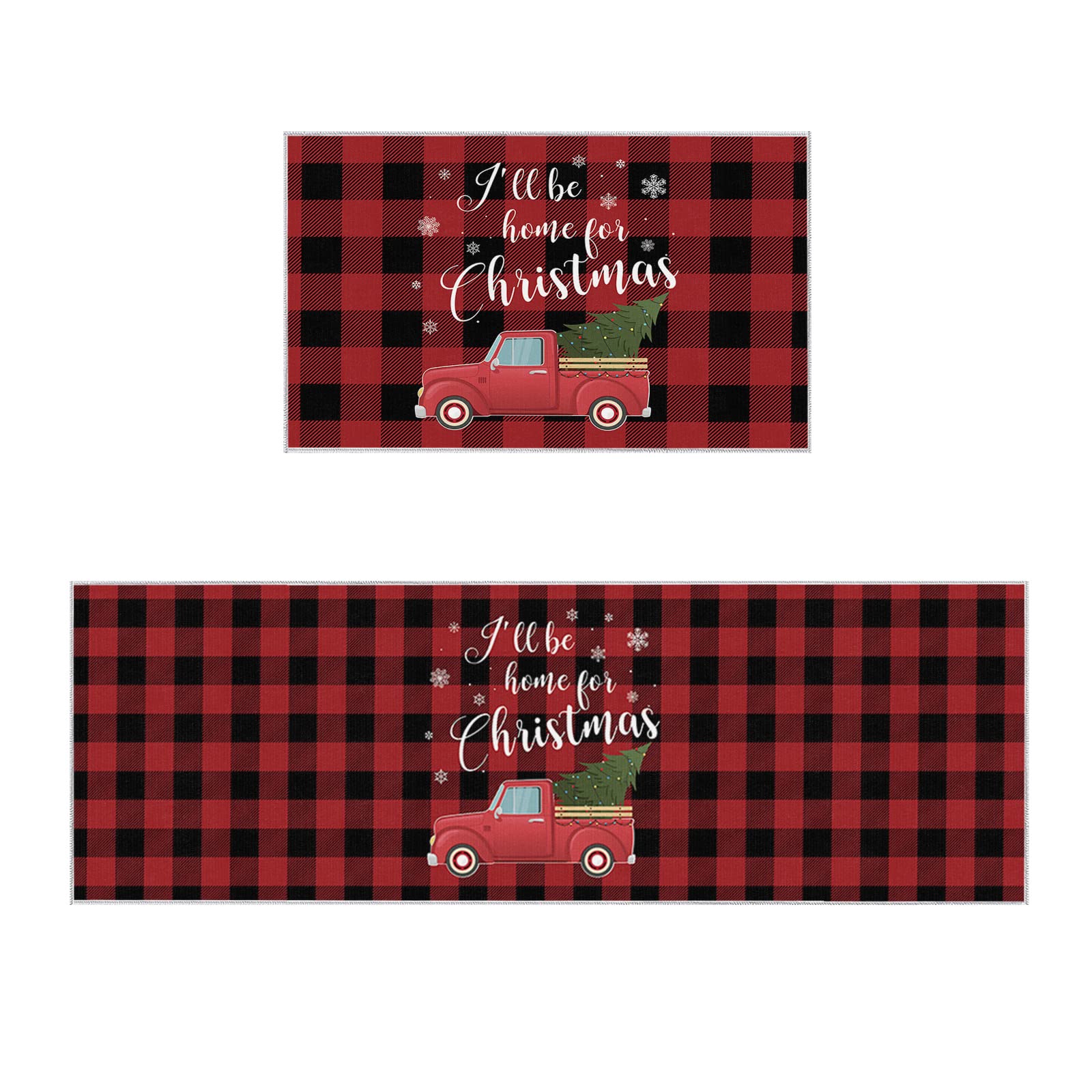 Christmas Kitchen Rug Set 2-Piece Non-Slip Floor Mats - Red Truck Holiday Doormat & Buffalo Check Indoor Mat (19.7