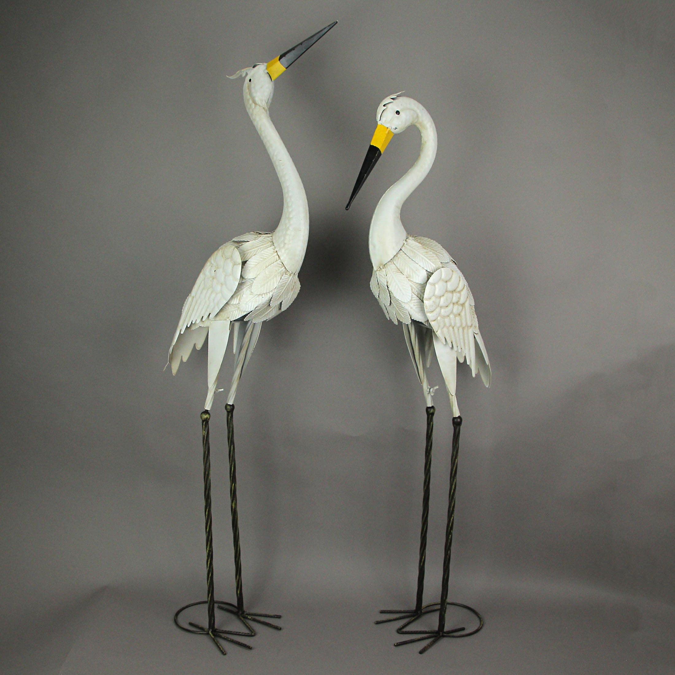 Premium Set of 2 White Heron Metal Garden Sculptures - 45.5