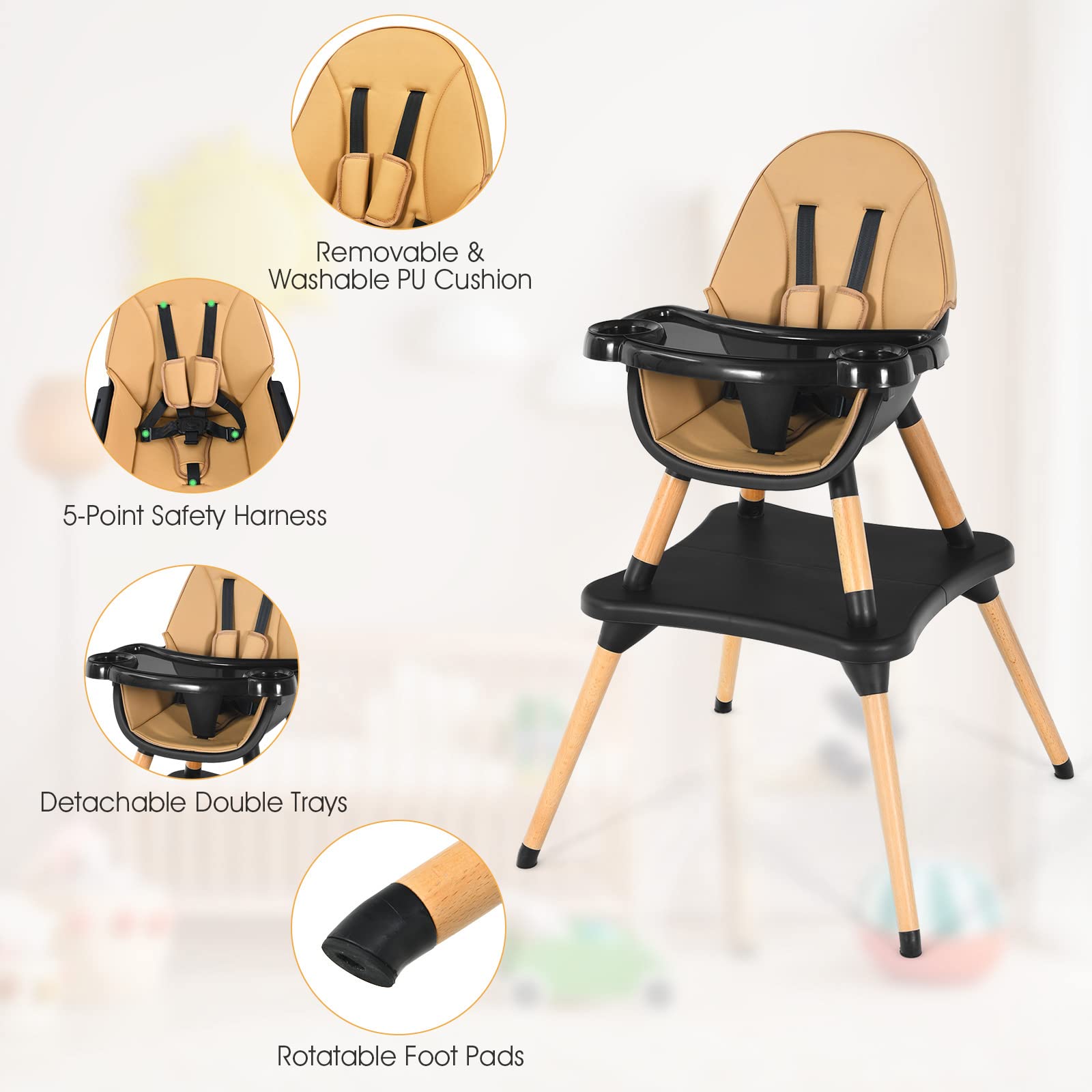 HONEY JOY 5-in-1 Convertible Wooden High Chair for Babies & Toddlers - Adjustable Baby Feeding Chair with Safety Harness, Removable Tray & Booster Seat - Perfect for Dining, Weaning & Playtime at Home
