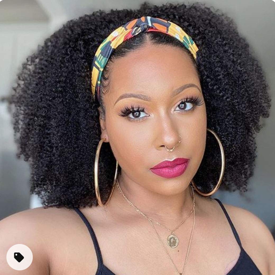 Afro Kinky Curly Human Hair Wig - Glueless No Lace Front Half Wig 150% Density Brazilian Virgin Hair Machine Made 14 Inch Large - Perfect for Cosplay, Daily Wear & Protective Hairstyles