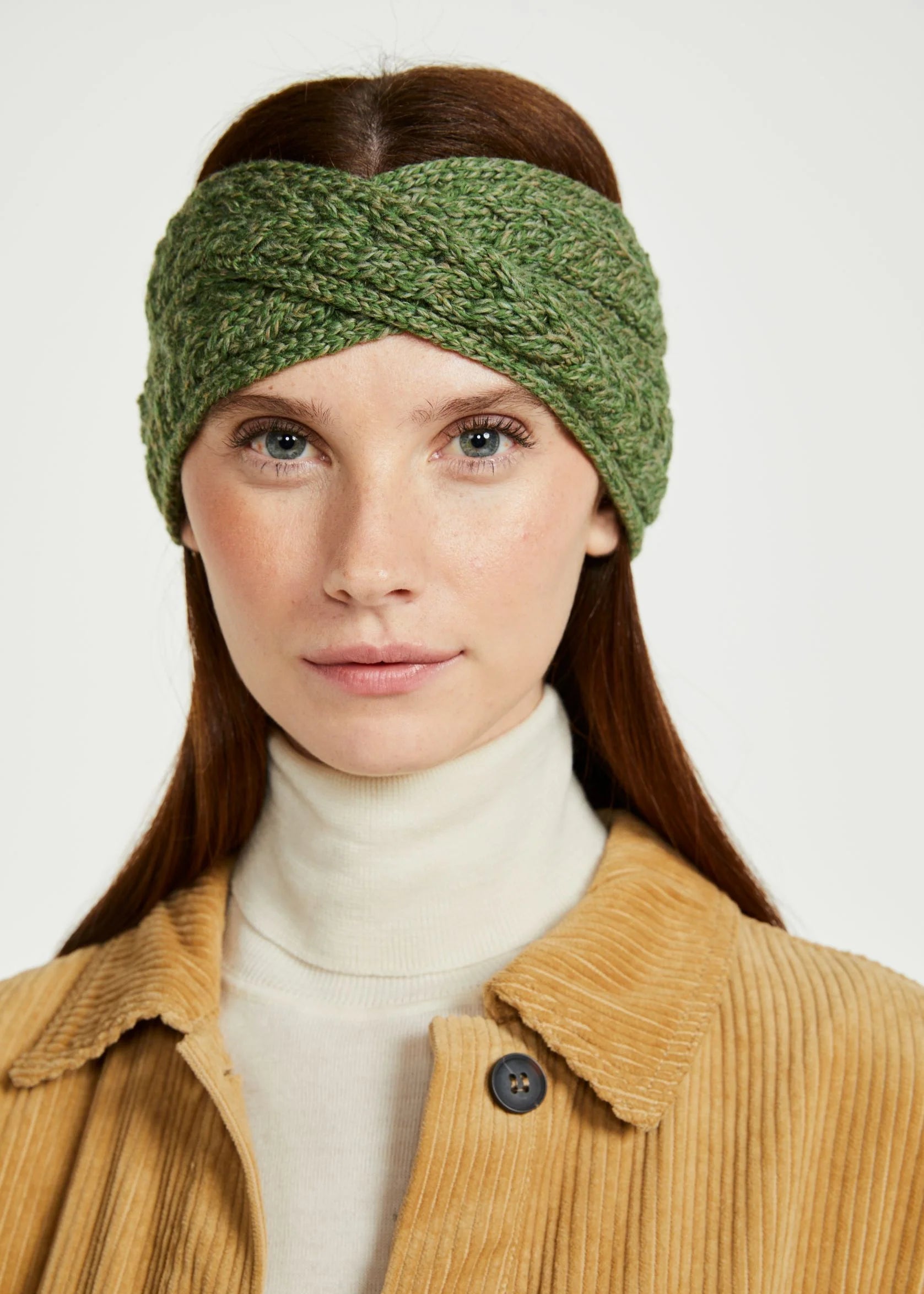 Aran Cross Over Headband for Women - Soft Knitted Meadow Green Hair Accessory for Yoga, Running, and Everyday Wear