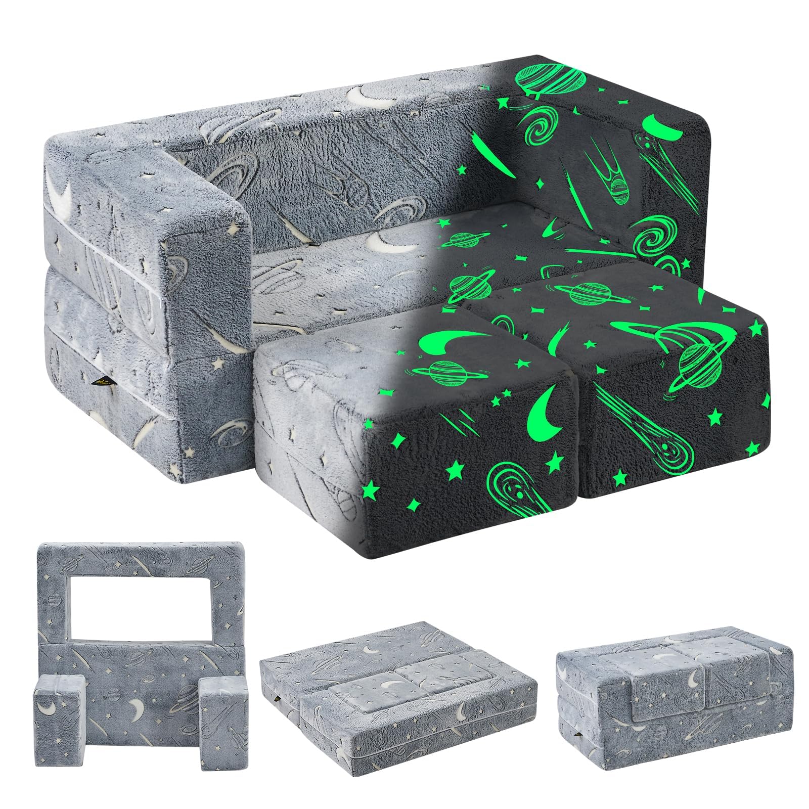 Modular Kids Couch with Glow in The Dark Galaxy Stars - 3-in-1 Foldable Toddler Sofa with Washable & Durable Covers for Boys & Girls - Perfect for Playroom, Bedroom or Nursery Decor