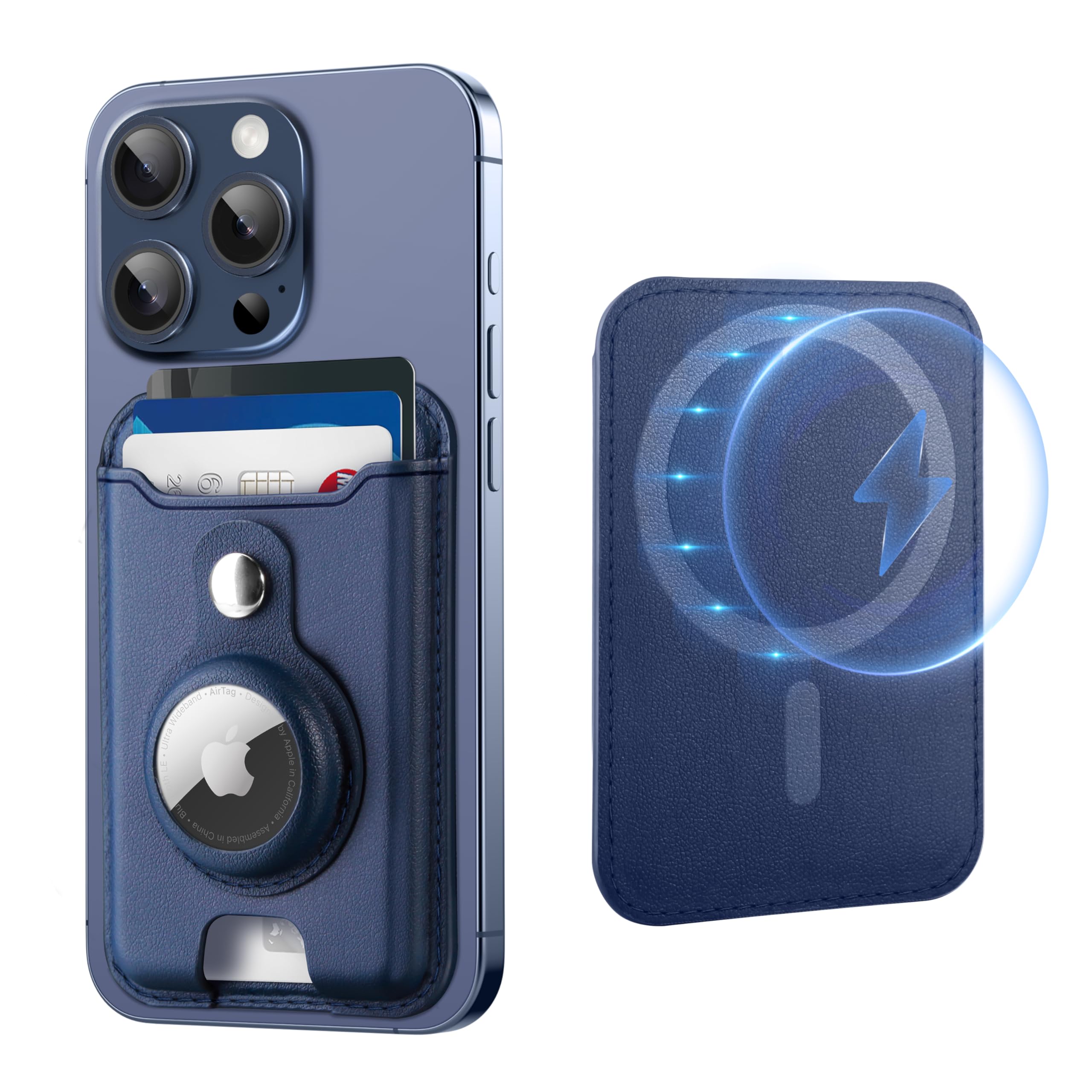 Premium Leather Magsafe Wallet with AirTag Holder - Magnetic Card Holder for iPhone 16/15/14/13/12 Series | Strong Magnet, RFID Blocking, Holds 4 Cards | Dark Blue | Perfect for Travel, Work & Everyday Use