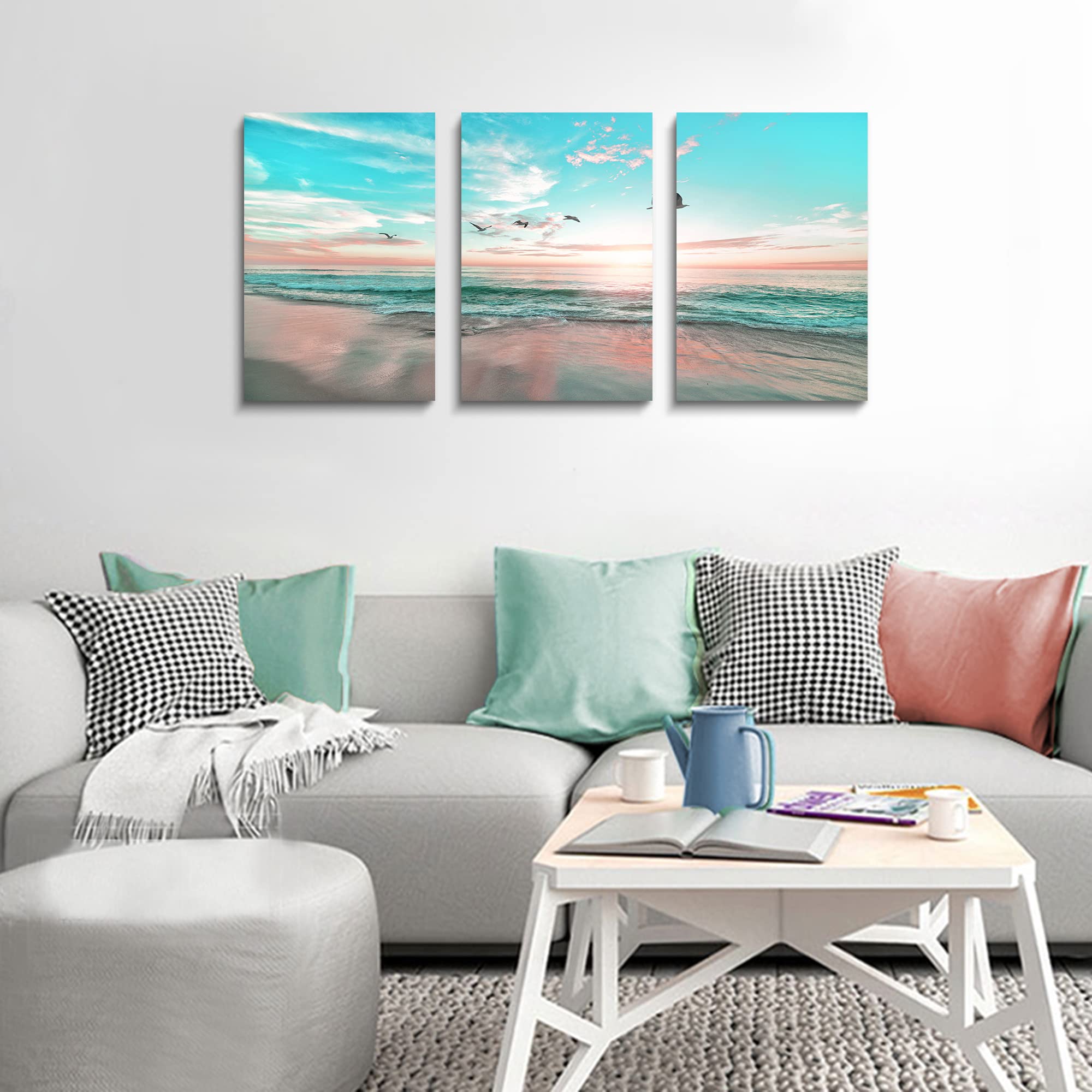 EPHANY Ocean Beach Sunset Wall Art - Abstract Blue Sea Landscape Canvas Painting Set of 3 (16x24 inches) for Living Room, Bedroom & Office Decor