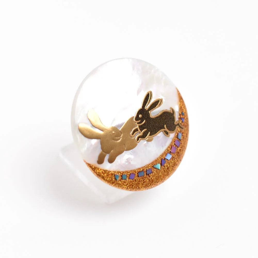 Handmade Japanese Maki-e Urushi Lacquer Brooch with White South Sea Pearl Shell - Rabbit Design Traditional Jewelry for Women, Gift for Collectors & Special Occasions