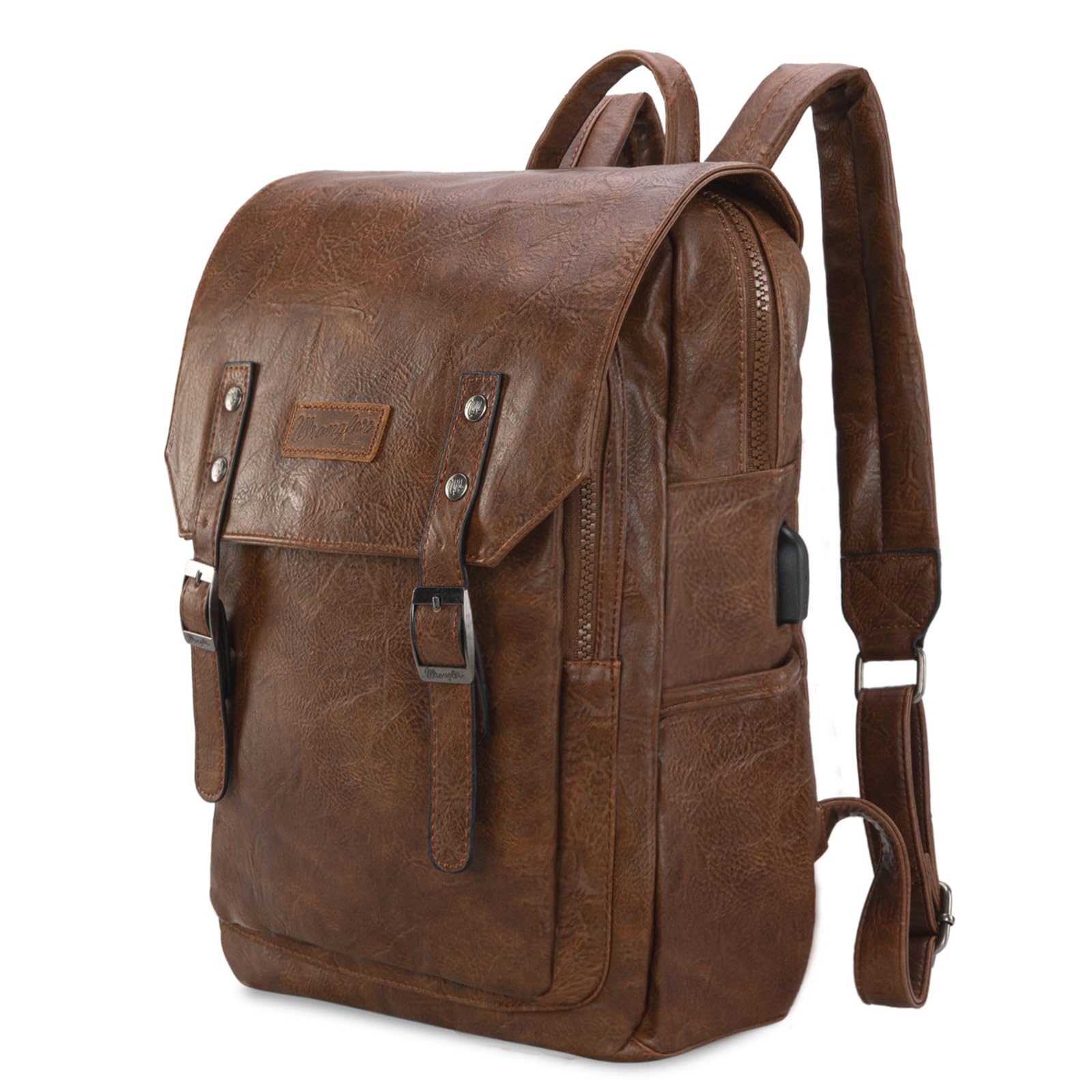 Montana West × Wrangler Genuine Brown Leather Laptop Backpack for Women & Men - 15.6 Inch Unisex Business Travel Backpack - Stylish Work Commuter & College Student Bag for Daily Use