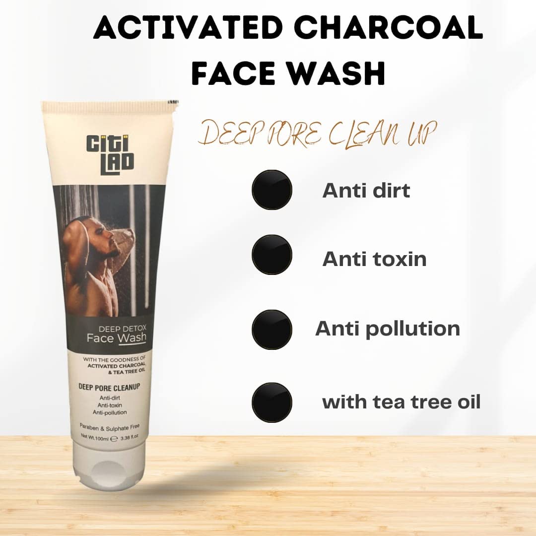 Citilad Deep Detox Charcoal Face Wash 100ml - Oil Control & Acne Fighting Facial Cleanser for Men, Removes Pollution & Impurities - Perfect for Daily Skincare & Post-Workout Cleansing