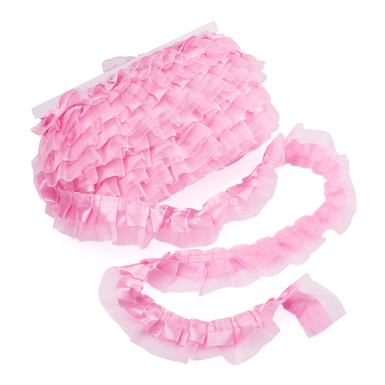 21.8 Yards Hot Pink Satin Organza Lace Edge Trim - 2-Layer Ruffled Chiffon Ribbon (1-5/8 Inch Wide) for Wedding Dresses, Party Decor & Sewing Projects - Embroidered Applique Lace Trimming for DIY Bridal Gowns, Costumes & Home Decoration