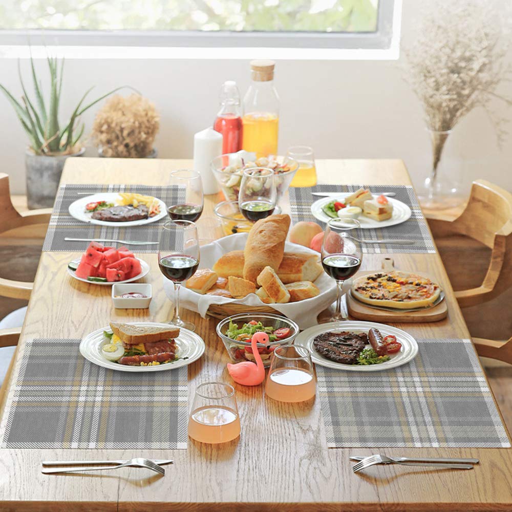 Buffalo Place Mats Set of 4 - Retro Geometric Grey Brown White Plaid Checkered Cotton Linen Table Mats (12x18 Inch) for Dining Room, Kitchen & Dinner Table | Perfect for Holiday Gatherings, Family Meals & Dinner Parties