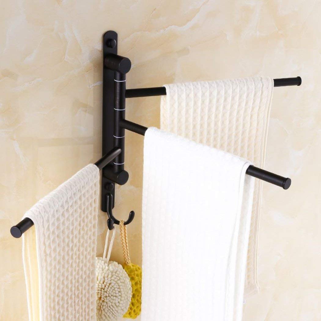 Oil Rubbed Bronze Swing Out Towel Rack - 3-Arm Wall Mounted Bathroom Towel Holder with Hooks | Space Saving Design for Small Bathrooms & Powder Rooms | Rust-Resistant Finish for Long-Lasting Use