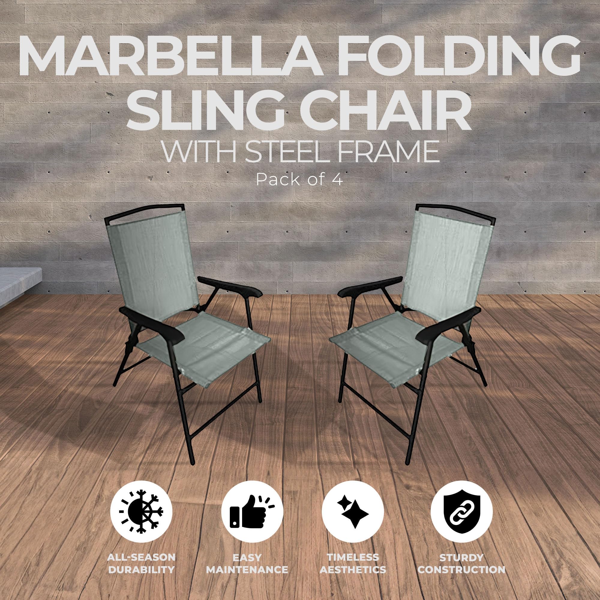 Foldable Outdoor Patio Chairs with Steel Frame & Sling Fabric - 4 Pack Green Armchairs for Backyard, Poolside, Garden & Deck Relaxation