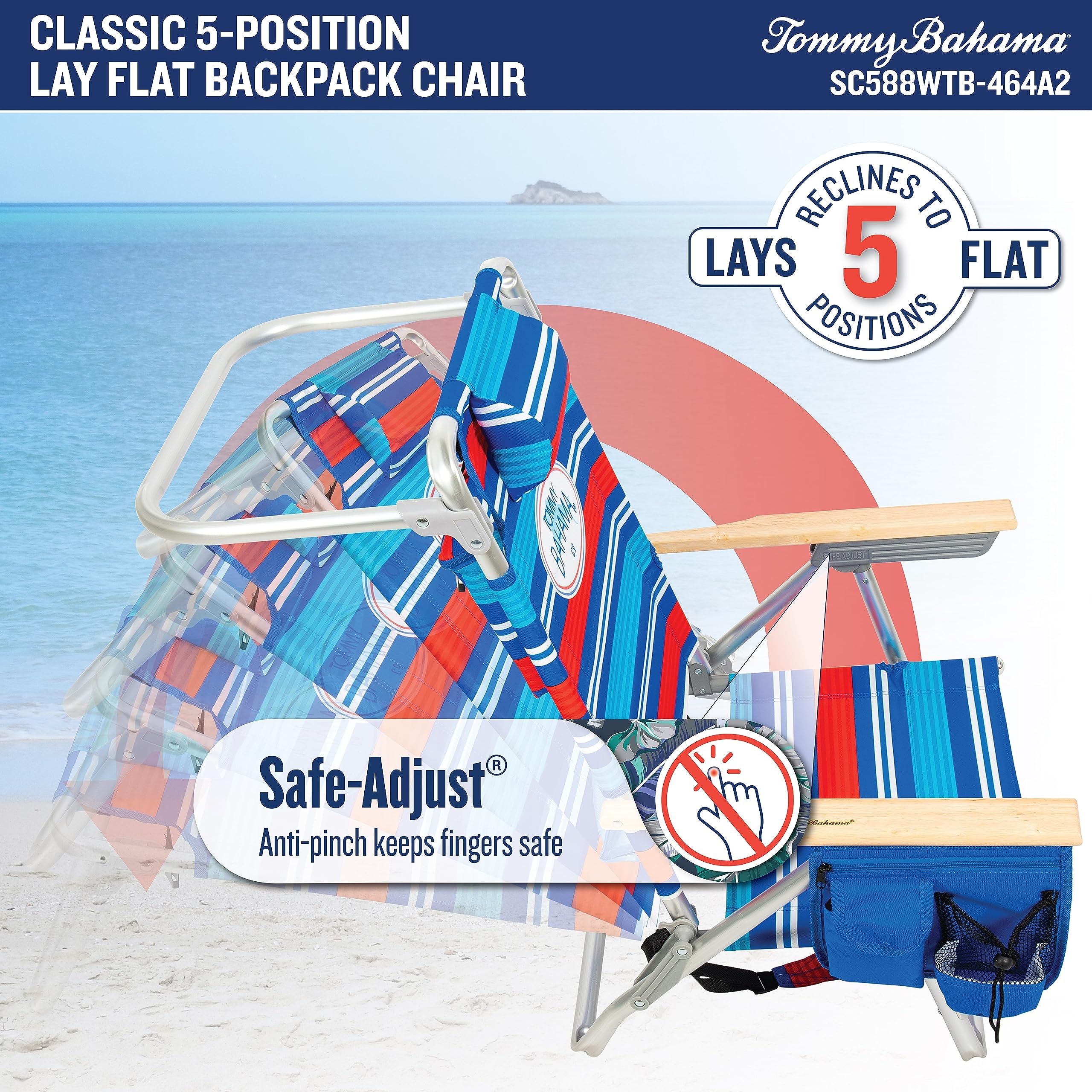 Tommy Bahama 2-Pack 5-Position Reclining Beach Chairs with Built-in Cooler, Storage Pouch & Towel Bar - Red White Blue Stripe | Perfect for Poolside Relaxation, Backyard Lounging & Beach Vacations