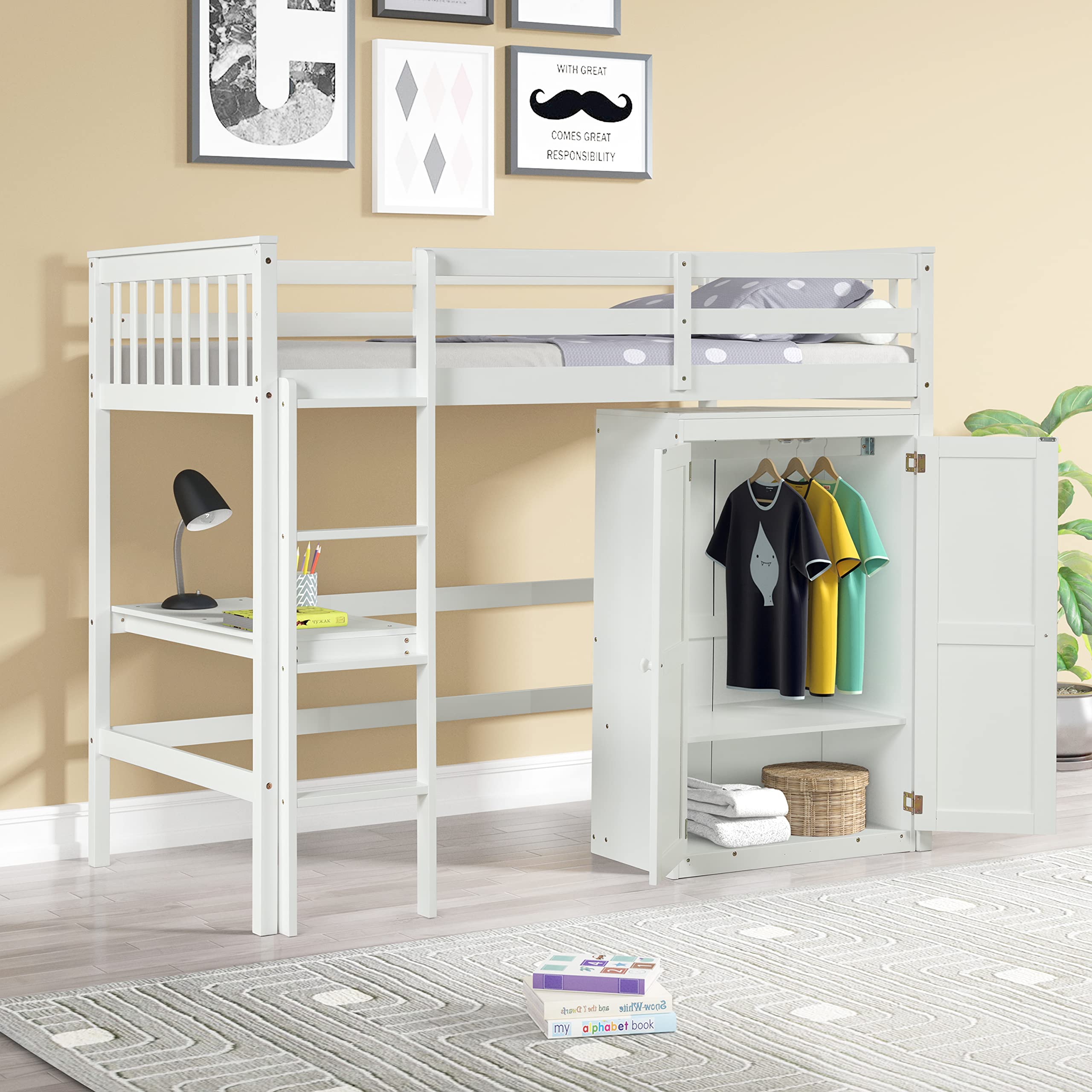 Space-Saving Twin Loft Bed with Built-in Desk & Wardrobe - Sturdy Wooden Bunk Bed Frame with Safety Ladder & Full Guardrail - Kids Study & Storage Solution for Small Bedrooms (White) - Perfect for Teenagers, College Dorms & Shared Kids' Rooms