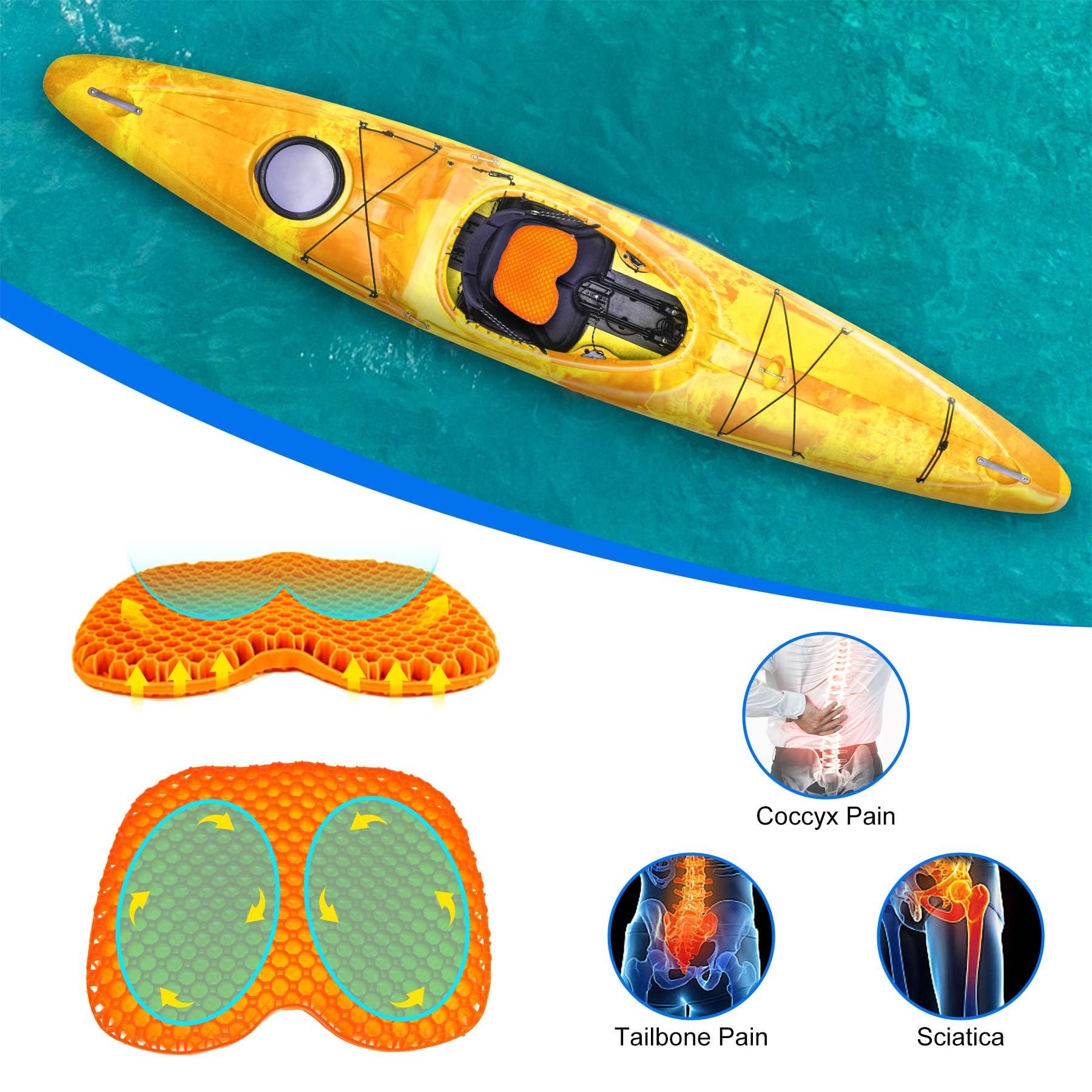 Anti-Slip Kayak Seat Cushion - Thick Waterproof Kayak Seat Pad with Non-Slip Cover for Sit-In & Inflatable Kayaks, Canoes & Boats - Comfortable Kayak Accessories for Fishing & Water Sports