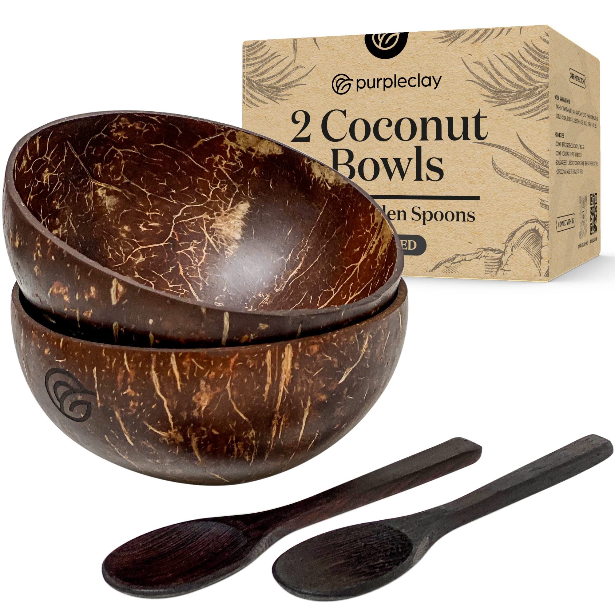 Natural Handcrafted Purple Clay Coconut Bowls & Wooden Spoons Set of 2 - Vegan Friendly Kitchen Utensils for Salad, Smoothie, Buddha Bowl - Perfect for Healthy Meals, Picnics & Eco-Friendly Dining