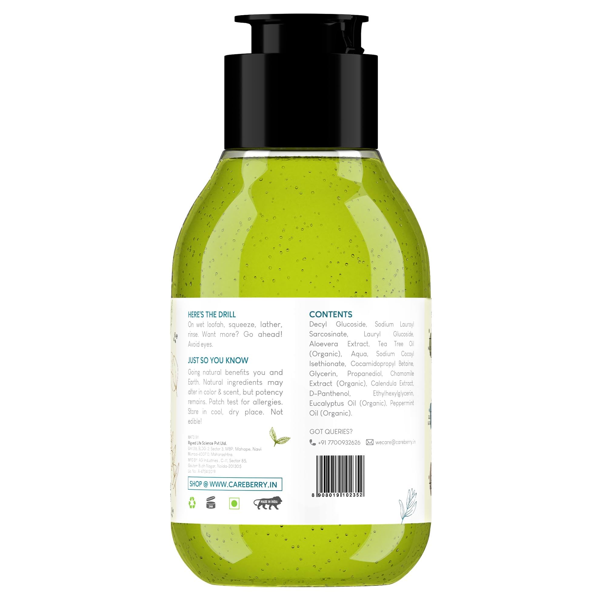 Careberry Organic Tea Tree & Eucalyptus Oil Shower Gel - Ayurvedic Ayush Certified, Paraben & Sulfate Free, 100ml | Daily Detox & Refreshing Shower Experience for Healthy Skin