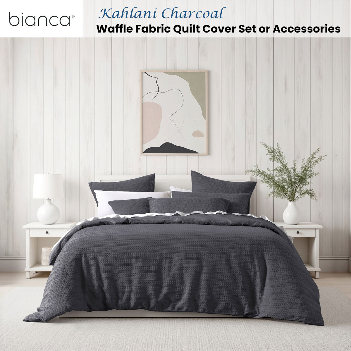 Bianca Kahlani Charcoal Waffle Quilt Cover Set - Super King Size (200x200cm) - Breathable Textured Bedding for Luxurious Comfort - Perfect for Master Bedrooms & Hotel Style Decor