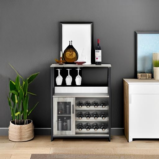 GAOMON Modern Wine Bar Cabinet with Detachable Wine Rack & Glass Holder - Grey Buffet Sideboard with Mesh Door for Dining Room, Kitchen, or Living Room Storage